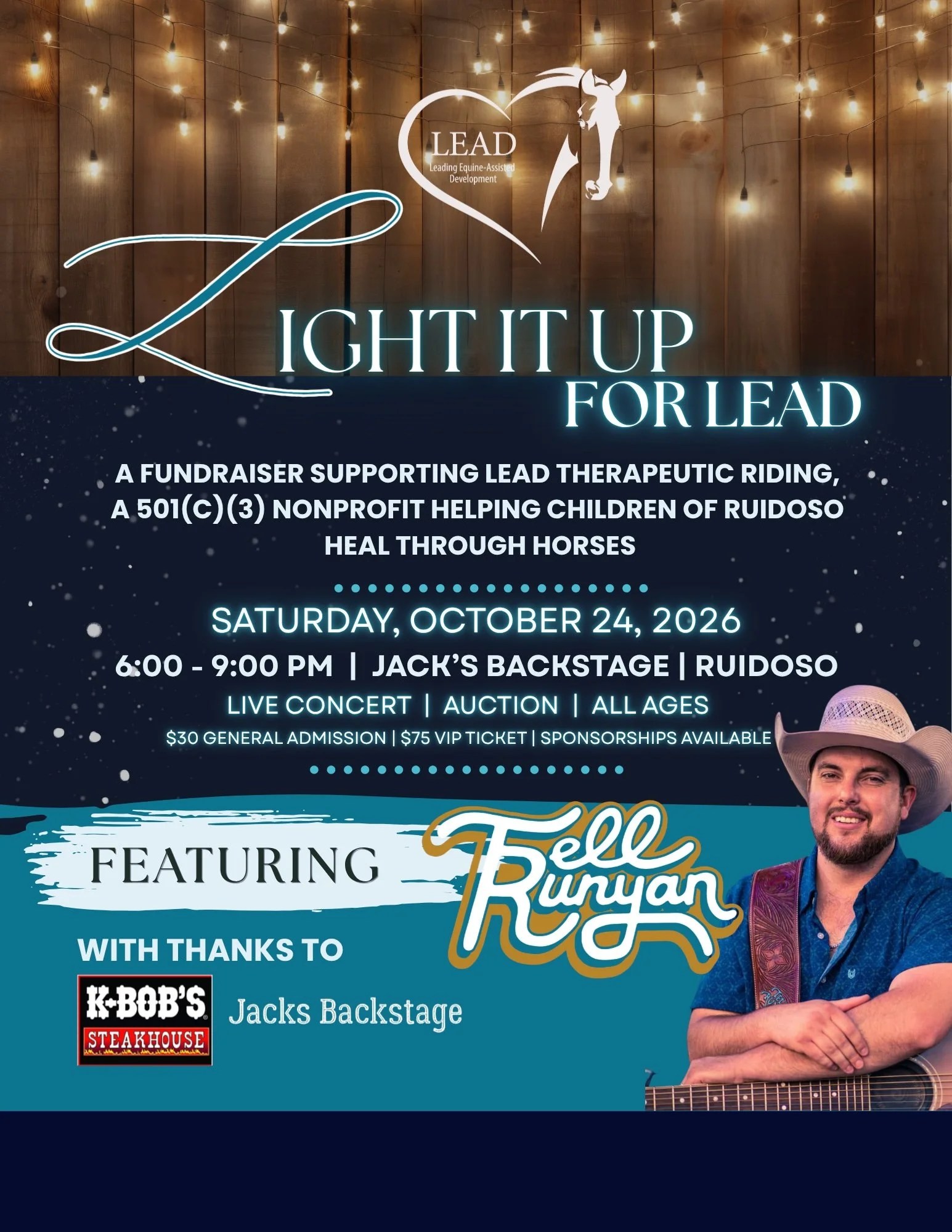 Light It Up for LEAD fundraiser poster featuring Fell Runyan, October 24, 2026, at Jack’s Backstage in Ruidoso, benefiting LEAD Therapeutic Riding.