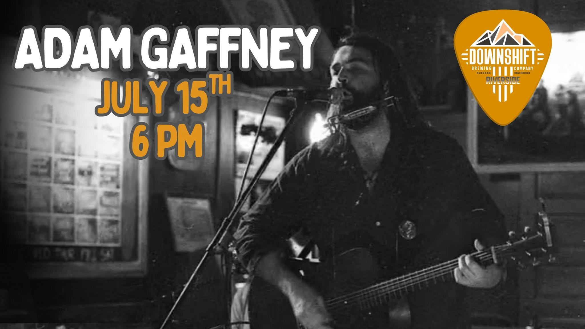 Black-and-white promotional graphic featuring Americana singer-songwriter Adam Gaffney performing guitar and harmonica live at Downshift Brewing Company – Riverside on July 15, 2026.