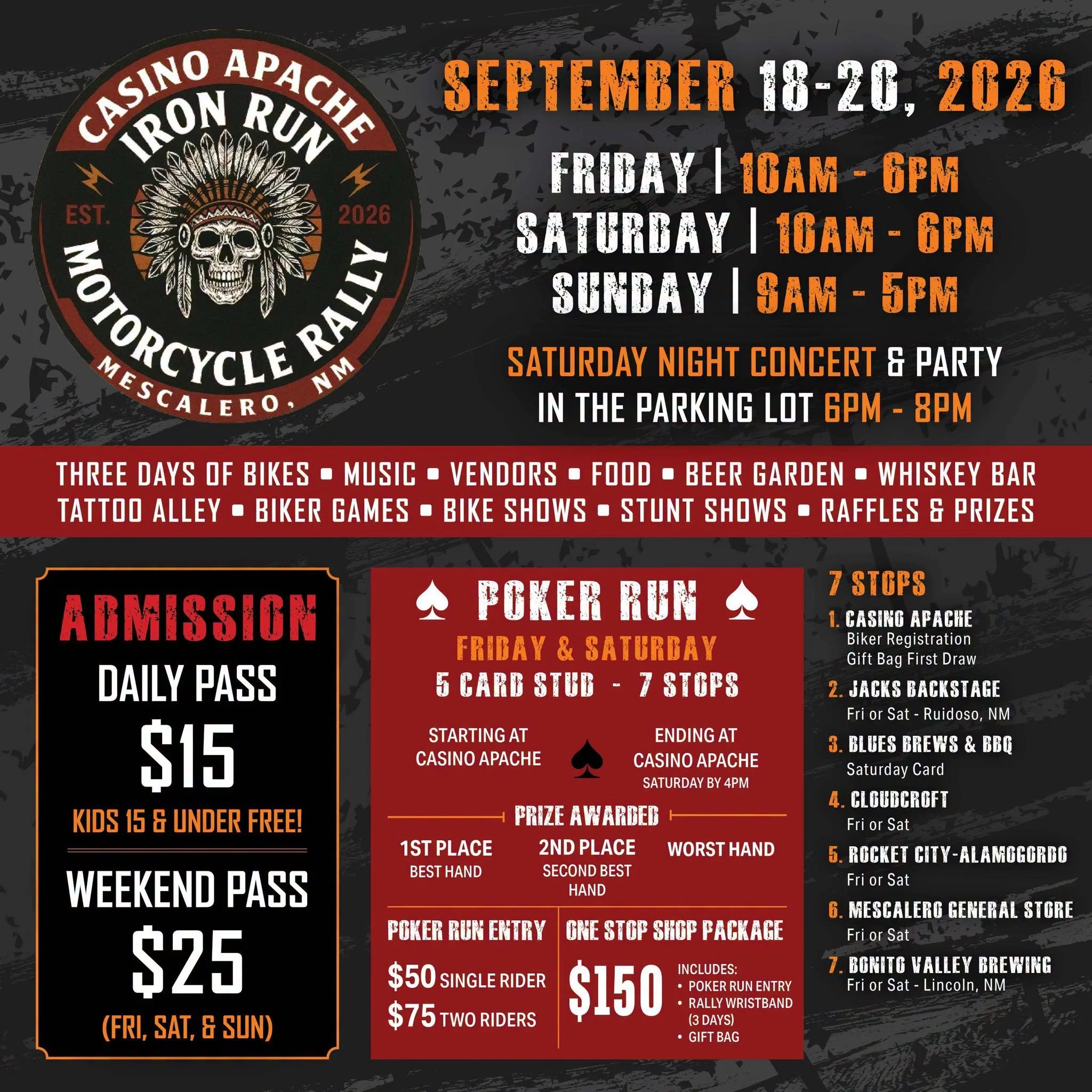 Casino Apache Iron Run Motorcycle Rally poster with September 18–20, 2026 event hours, admission, Poker Run details, live music, vendors, bike shows, stunt shows, food, and activities in Mescalero, New Mexico.
