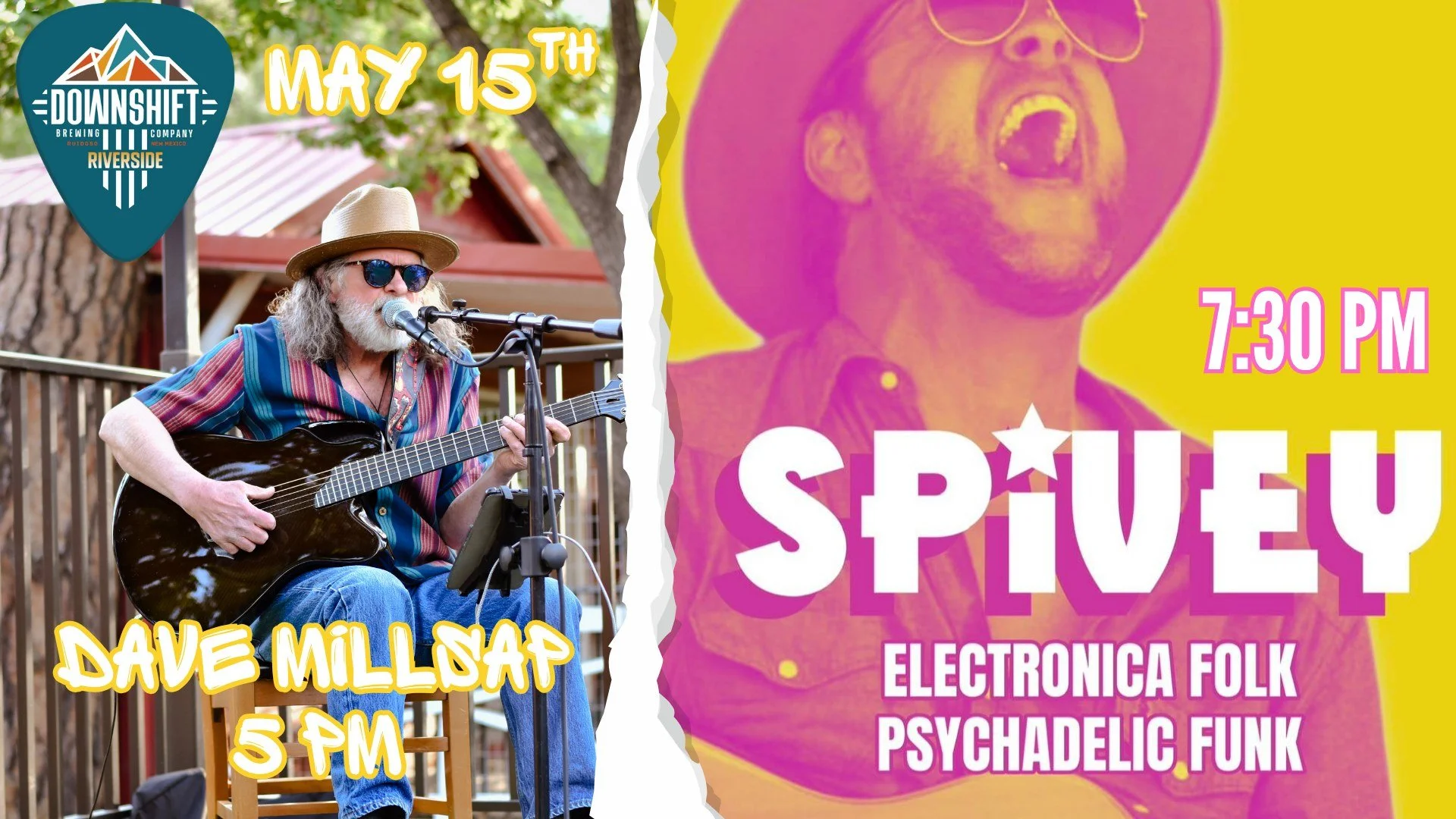 Promotional graphic featuring Dave Millsap performing guitar at 5 PM and SPiVEY at 7:30 PM with bold colorful design at Downshift Brewing Co. - Riverside.