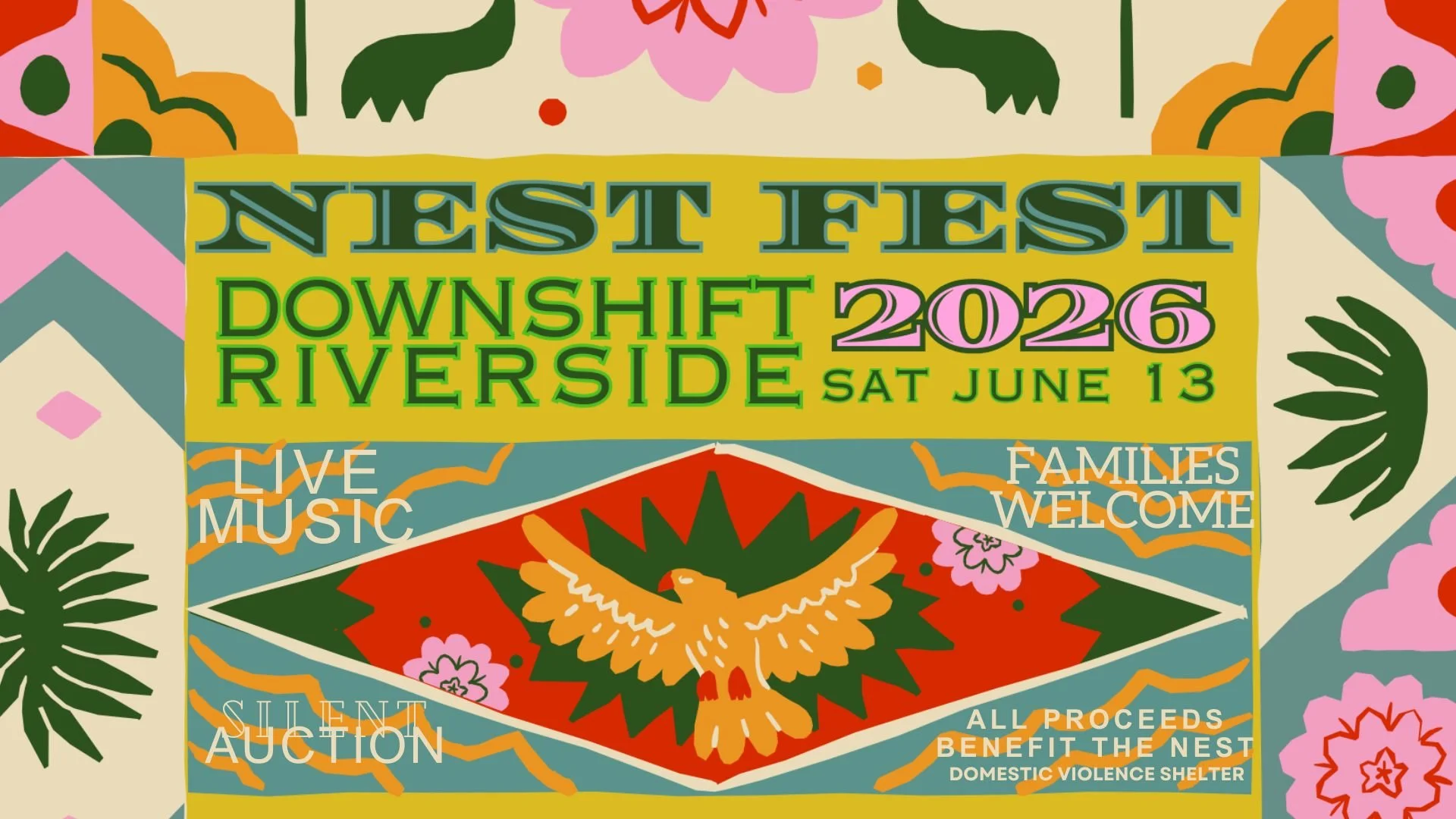 Promotional event graphic for Nest Fest 2026 annual fundraiser on June 13 at Downshift Brewing Company to support The Nest & Heal Domestic Violence Shelter in Ruidoso, NM