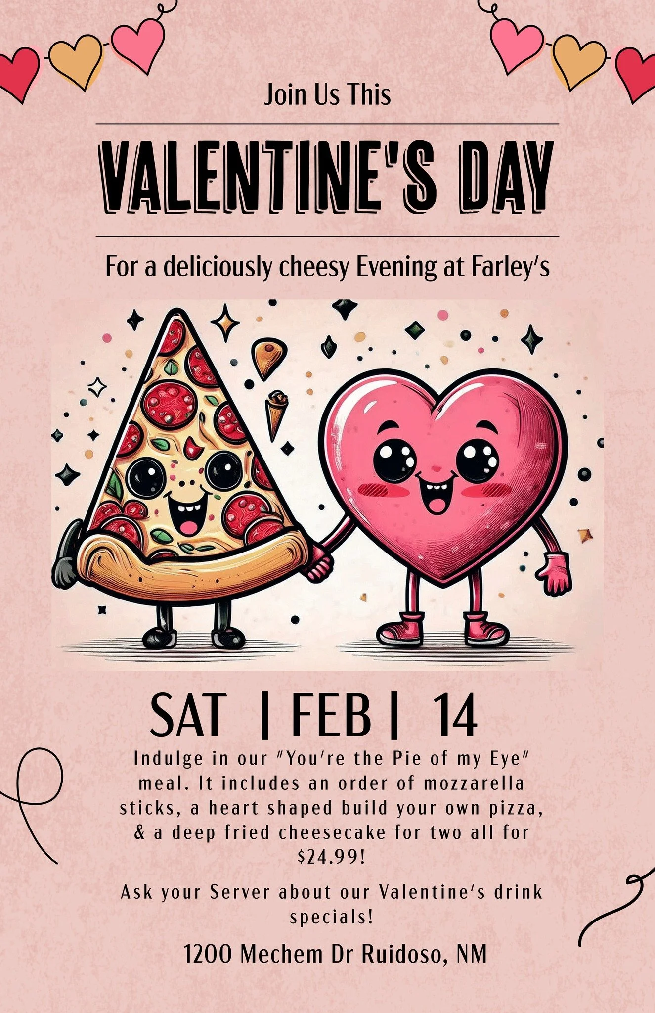Promotional event graphic for Valentine's Day evening at Farley's Food, Fun & Pub in Ruidoso, NM