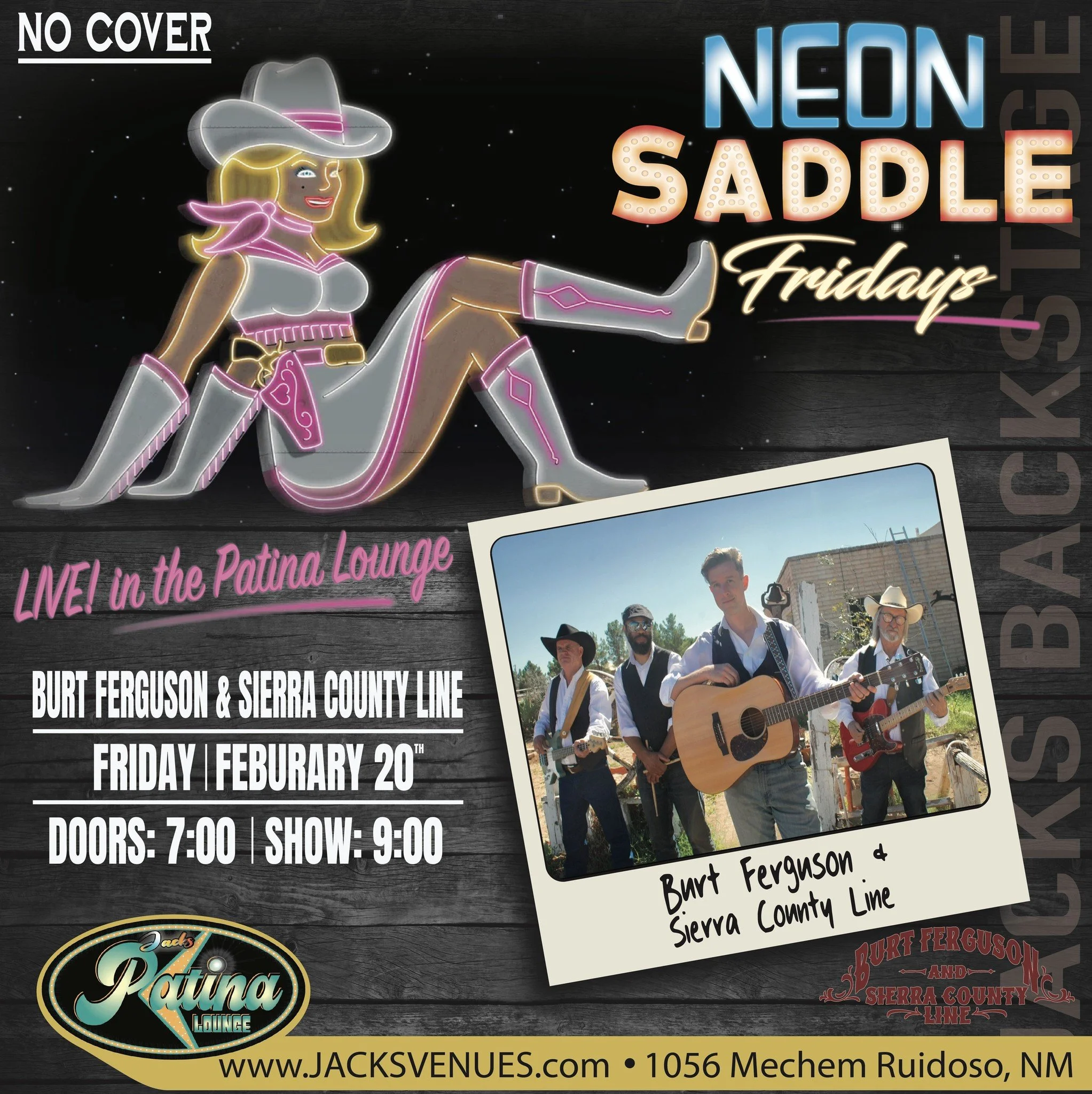 Promotional event graphic for live music at Jacks Patina Lounge in Ruidoso, NM