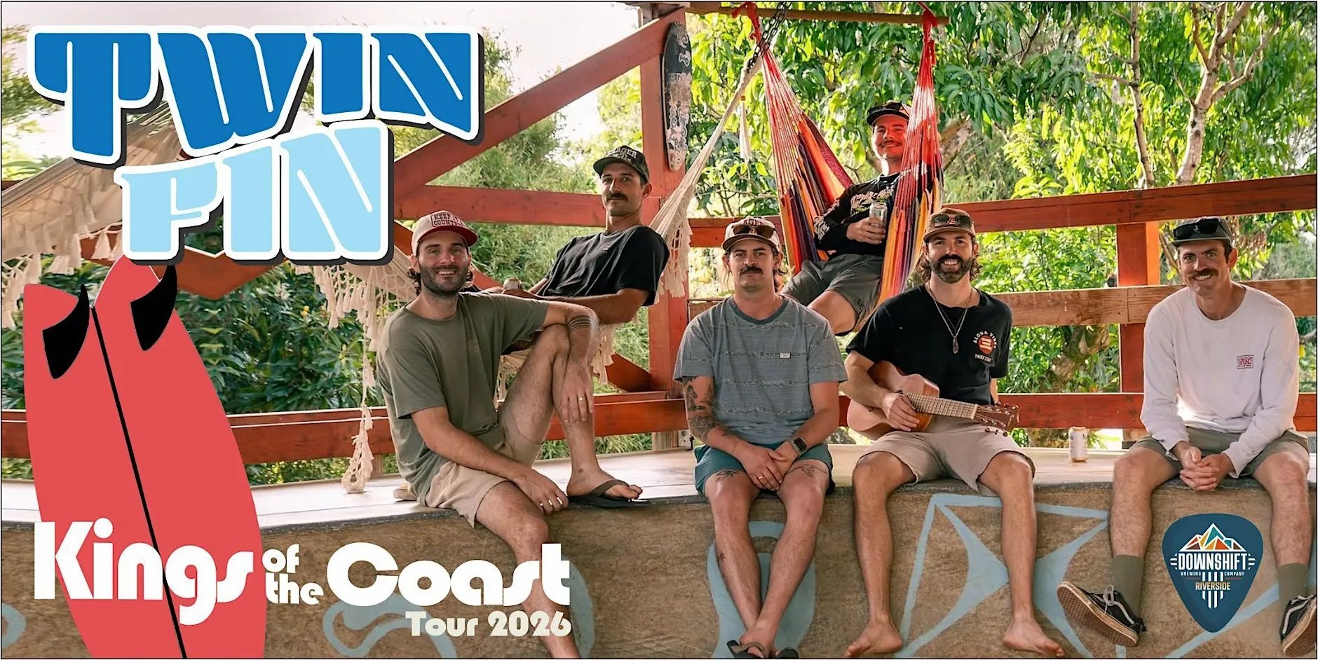 Members of Twin Fin gather on an outdoor deck promoting their 2026 Kings of the Coast Tour and upcoming performance at Downshift Brewing Company – Riverside in Ruidoso.