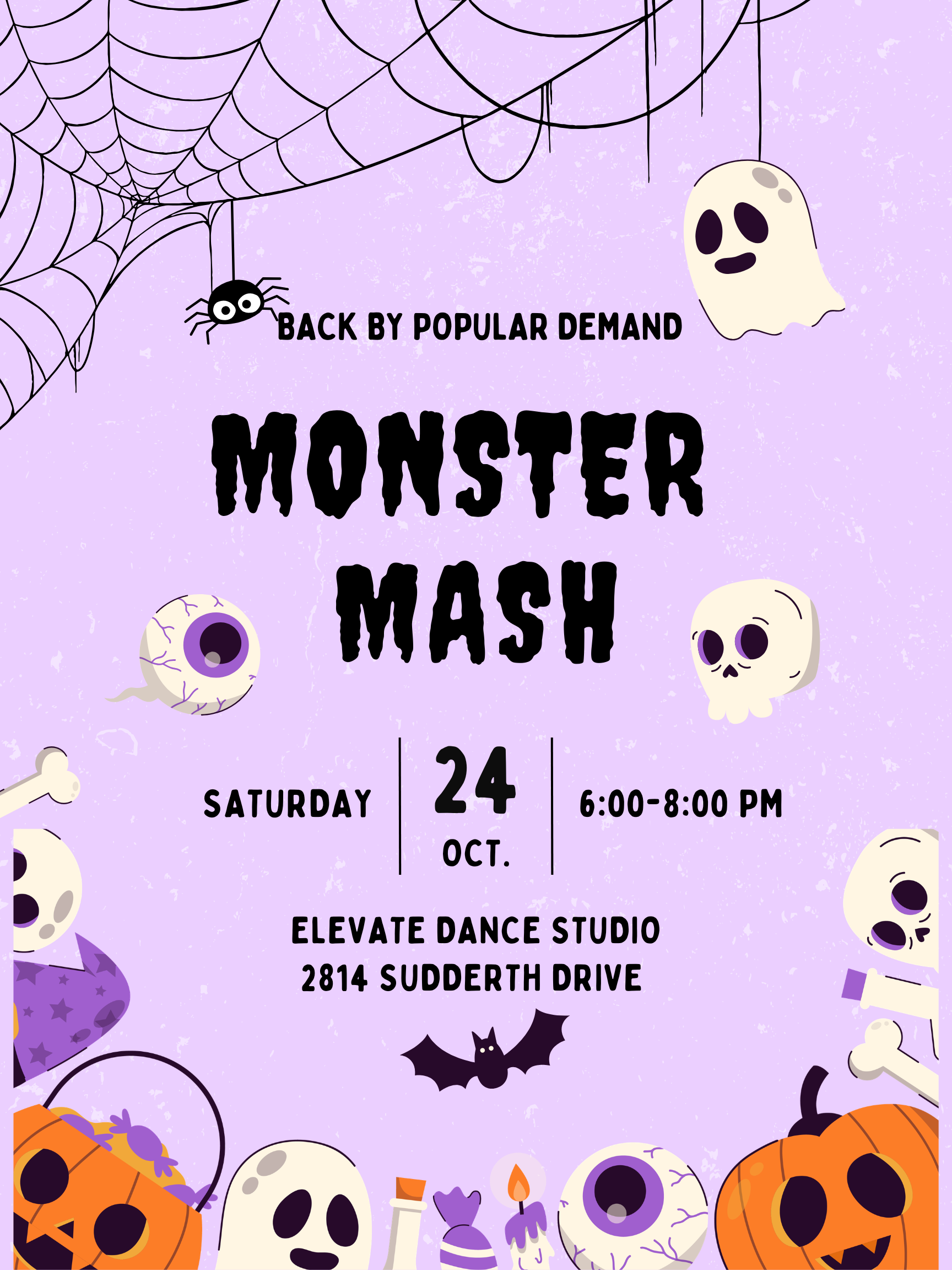 Purple Halloween event poster for the Monster Mash Dance Party at Elevate Dance Studio in Ruidoso on October 24, 2026, from 6 to 8 PM.