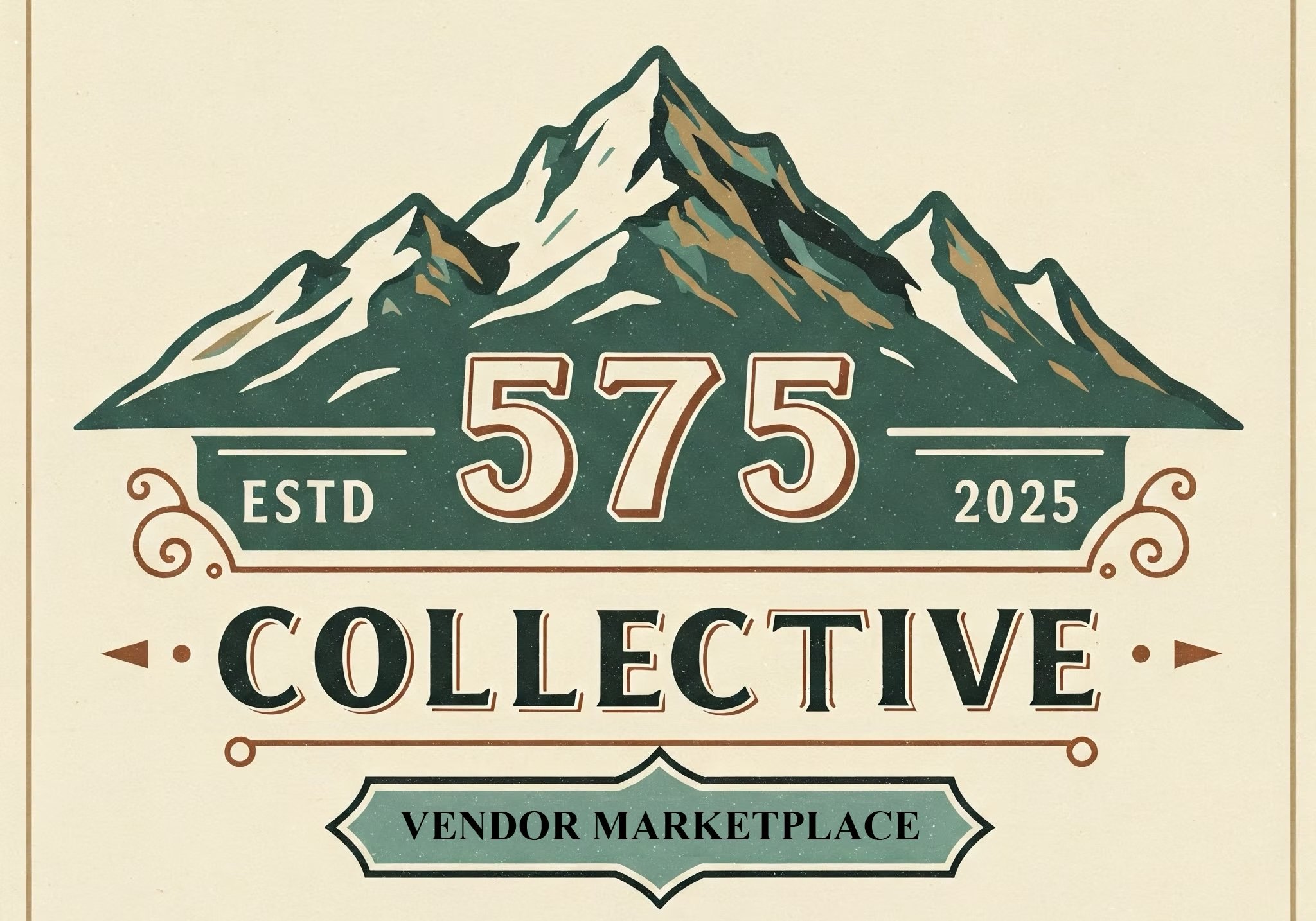 575 Collective Vendor Marketplace logo featuring stylized mountain peaks above the number “575,” with “ESTD 2025” and the words “Collective” and “Vendor Marketplace” in a vintage-inspired design with teal, cream, and copper tones.