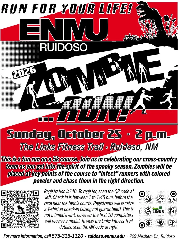 2026 ENMU-Ruidoso Zombie Run event poster announcing a 5K fun run at The Links Fitness Trail in Ruidoso on Sunday, October 25 at 2 PM.