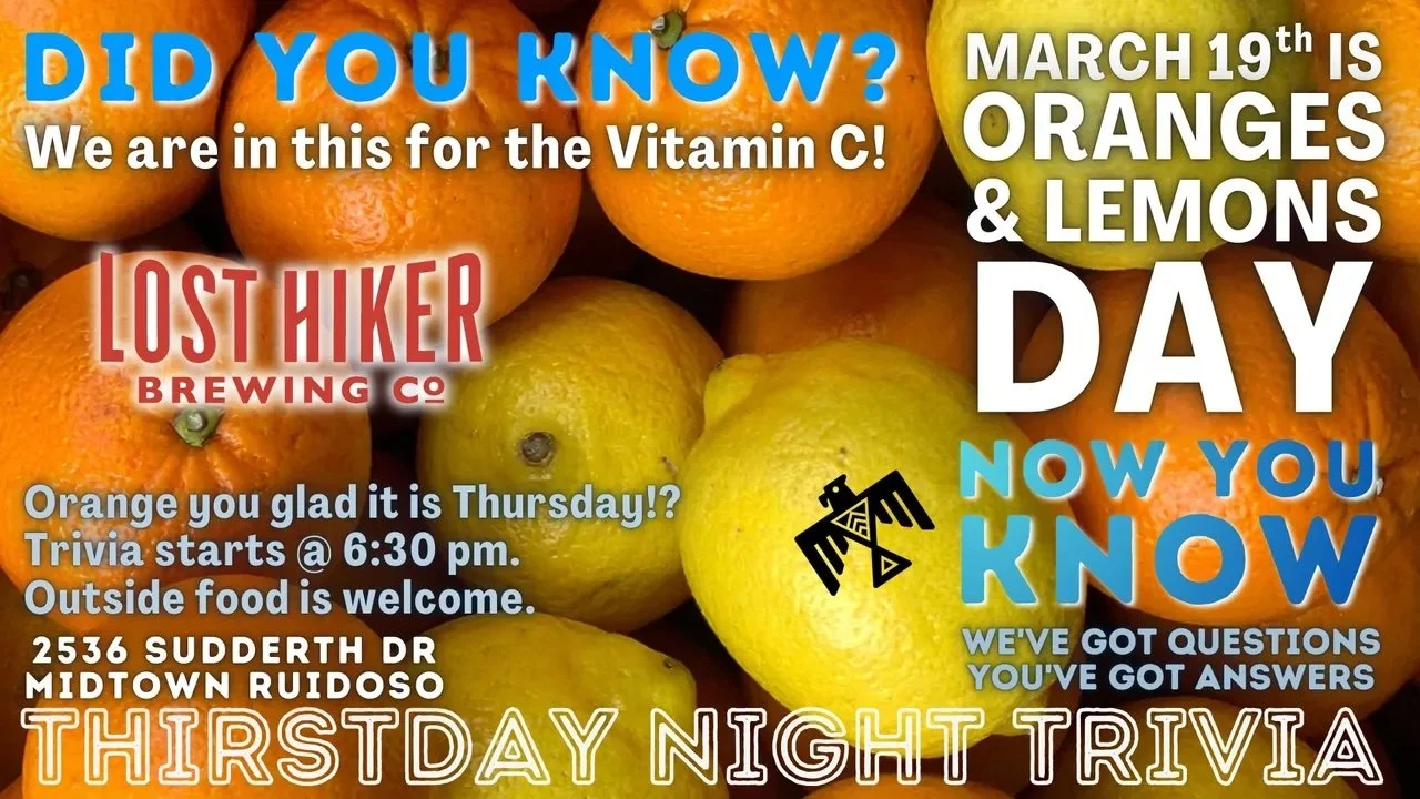 Promotional event graphic for Thirstday Trivia Night at Lost Hiker Brewing Midtown Taproom in Ruidoso, NM