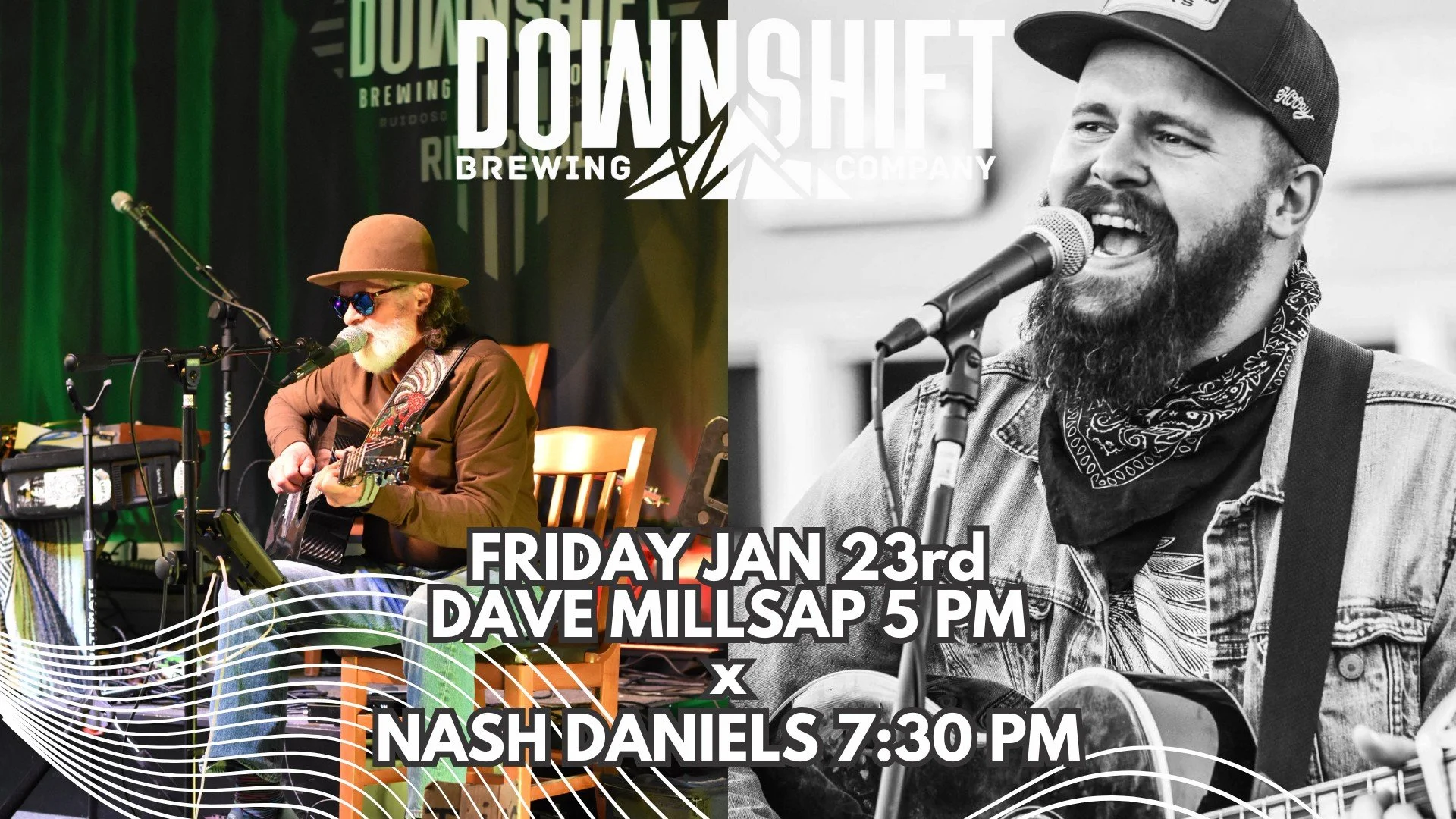 Promotional event graphic for live music at Downshift Brewing Company Riverside in Ruidoso, NM