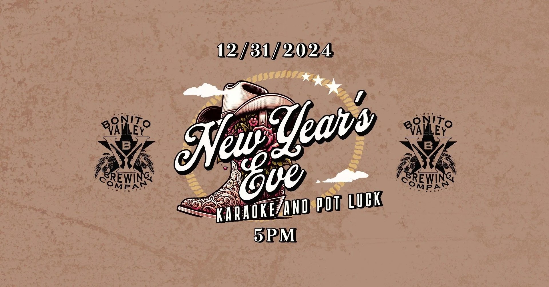 Promotional event graphic for NYE Karaoke and Pot Luck at Bonito Valley Brewing Company in Lincoln, NM