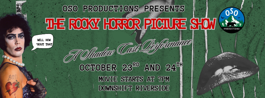 Live shadow-cast performer onstage during Oso Productions’ The Rocky Horror Picture Show in Ruidoso, with the film projected in the background.