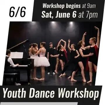 Promotional graphic for the Youth Dance Workshop and Youth Talent Showcase at Spencer Theater on Saturday, June 6 at 7 PM.