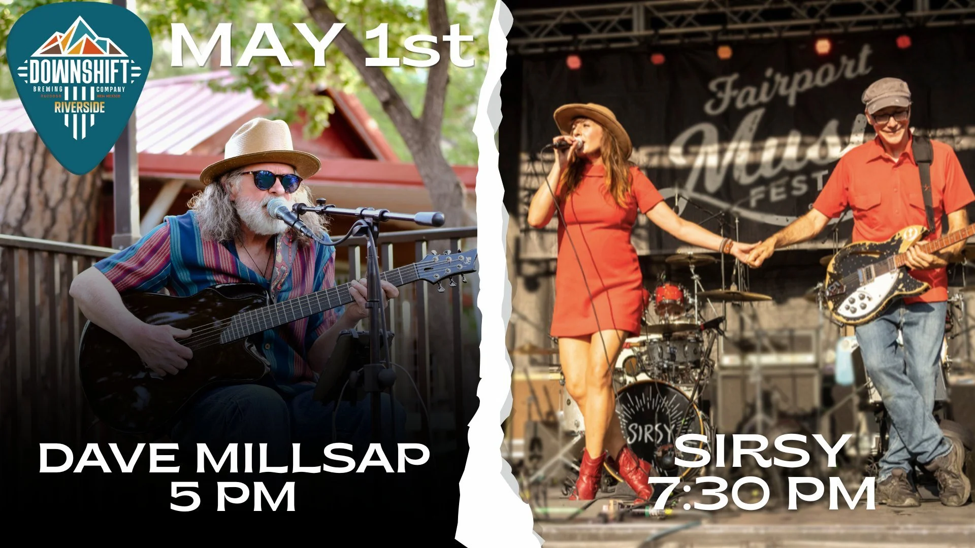 Promotional event graphic for live music at Downshift Brewing Company Riverside in Ruidoso, NM