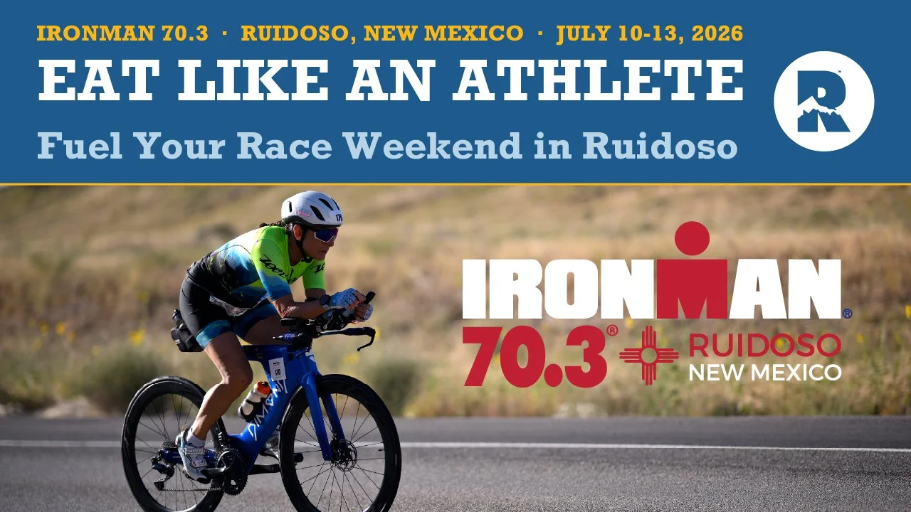 Cyclist in motion during IRONMAN 70.3 Ruidoso, New Mexico, with bold text reading “Eat Like an Athlete: Fuel Your Race Weekend in Ruidoso” and event dates July 10–13, 2026, over a scenic high-desert roadway backdrop.