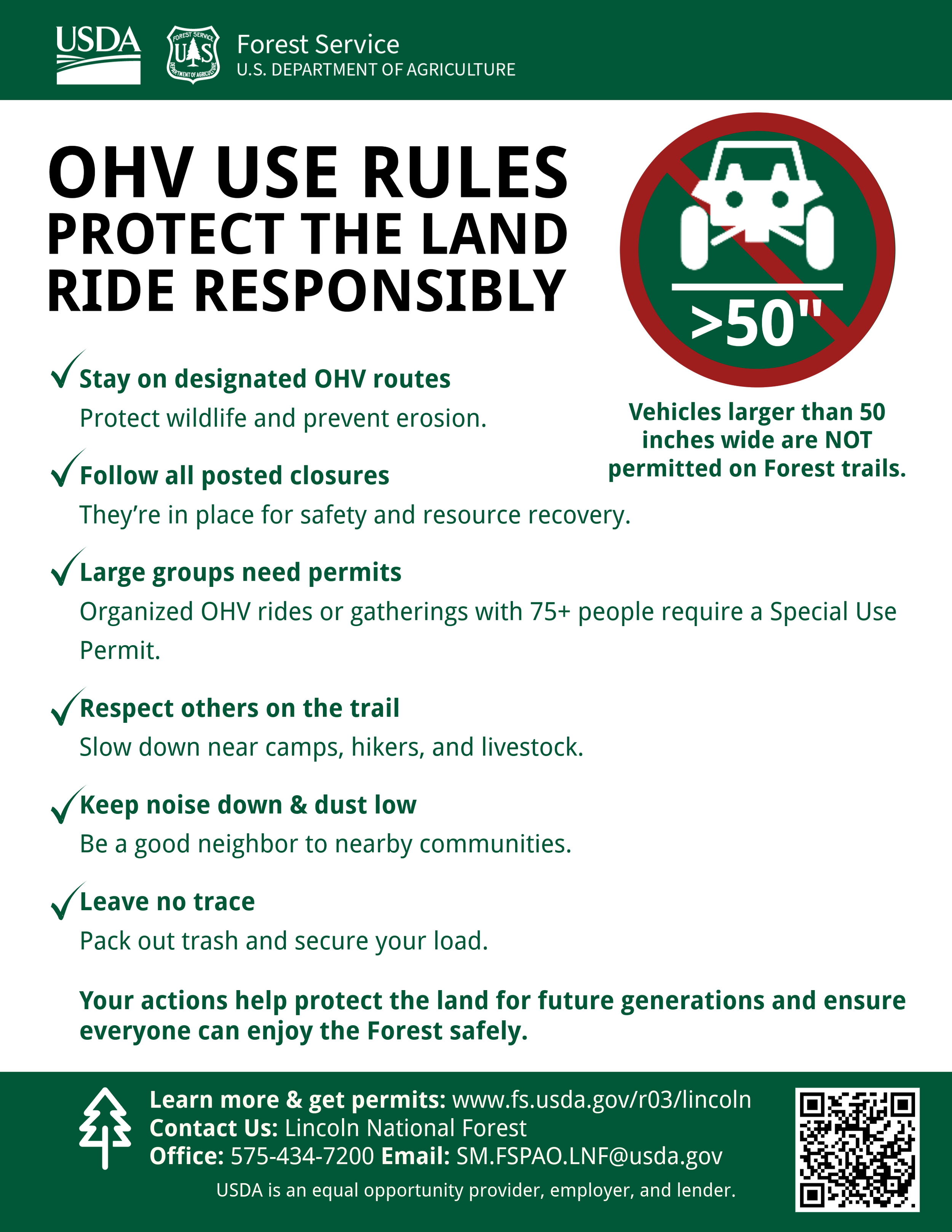 USDA Forest Service OHV use rules for responsible recreation in Lincoln National Forest, including designated routes, vehicle width limits, permits, trail courtesy, noise reduction, and Leave No Trace guidance.