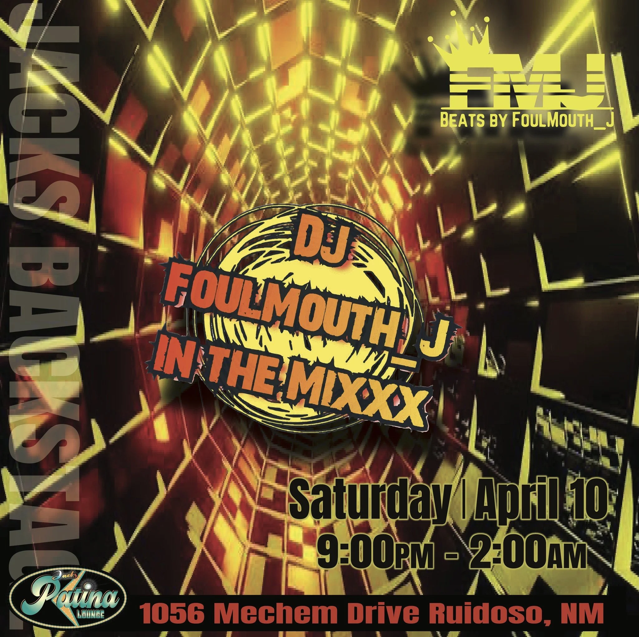 Promotional event graphic for DJ night at Jacks Patina Lounge in Ruidoso, NM