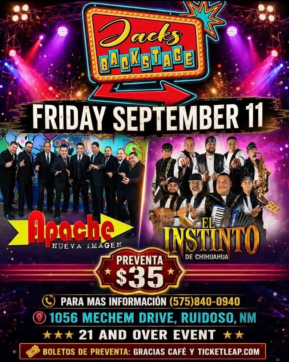 Colorful concert poster for Apaches Nueva Imagen and El Instinto de Chihuahua at Jack’s Backstage in Ruidoso on Friday, September 11, 2026. Advance tickets are $35 and the event is for ages 21 and older.
