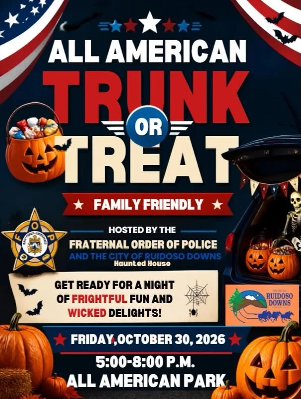 All American Trunk or Treat event flyer for October 30, 2026, from 5 to 8 PM at All American Park in Ruidoso Downs, New Mexico.