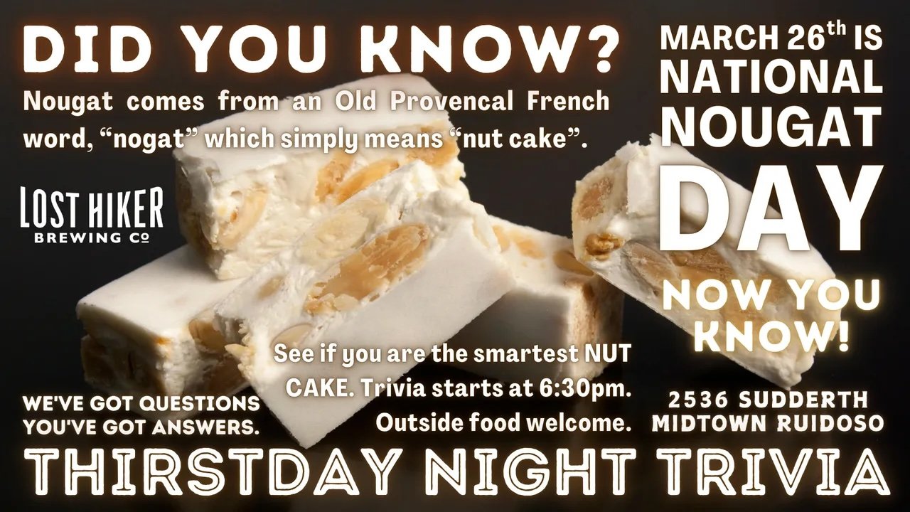 Promotional event graphic for Thirstday Trivia Night at Lost Hiker Brewing Midtown Taproom in Ruidoso, NM