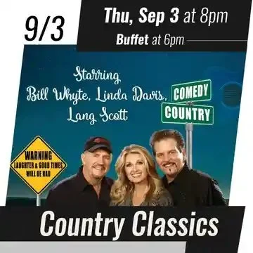 Promotional poster for Country Classics featuring Linda Davis, Bill Whyte, and Lang Scott at Spencer Theater on Thursday, September 3 at 8 PM.