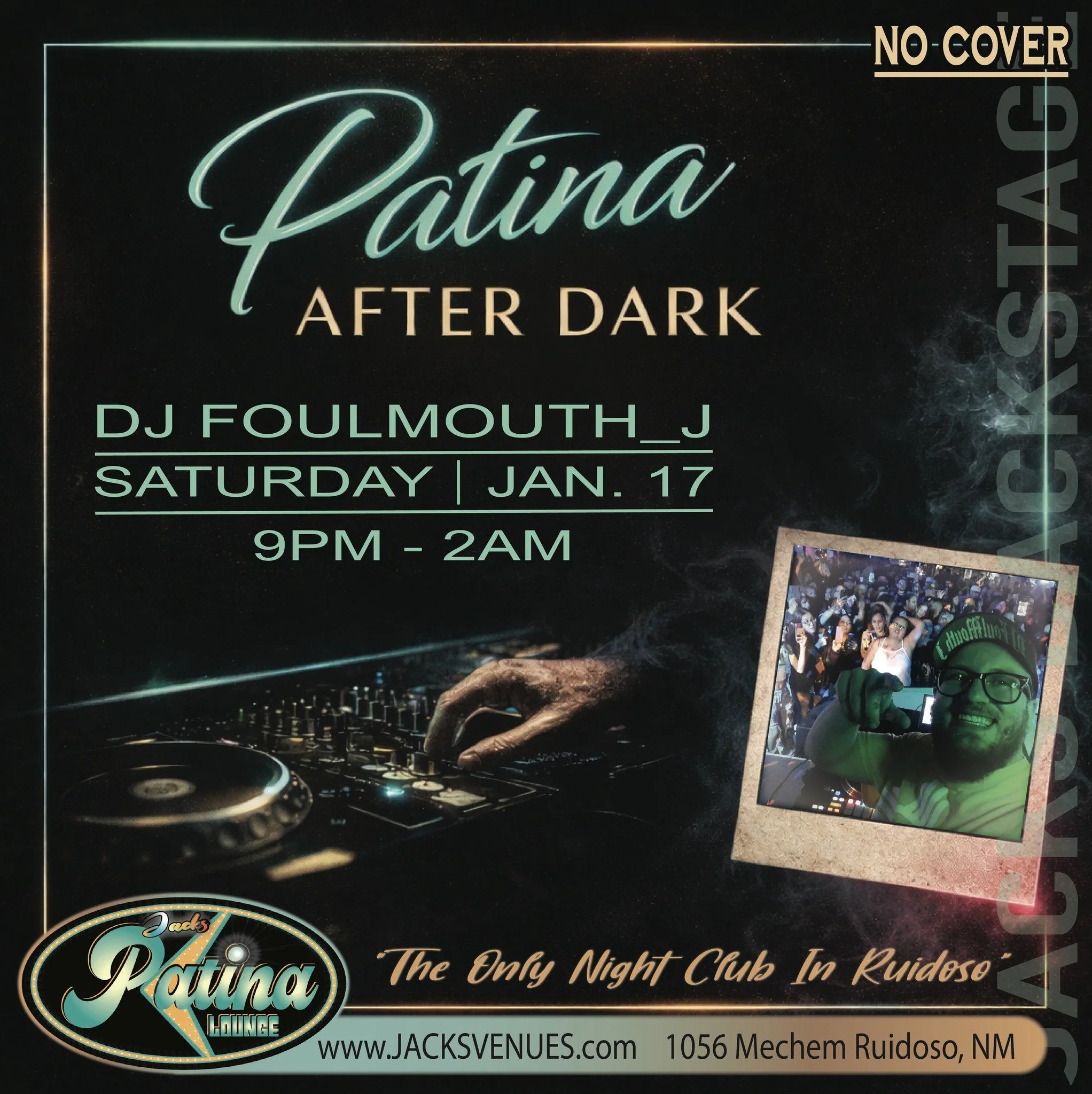 Promotional event graphic for DJ Night at the Patina Lounge in Ruidoso, NM