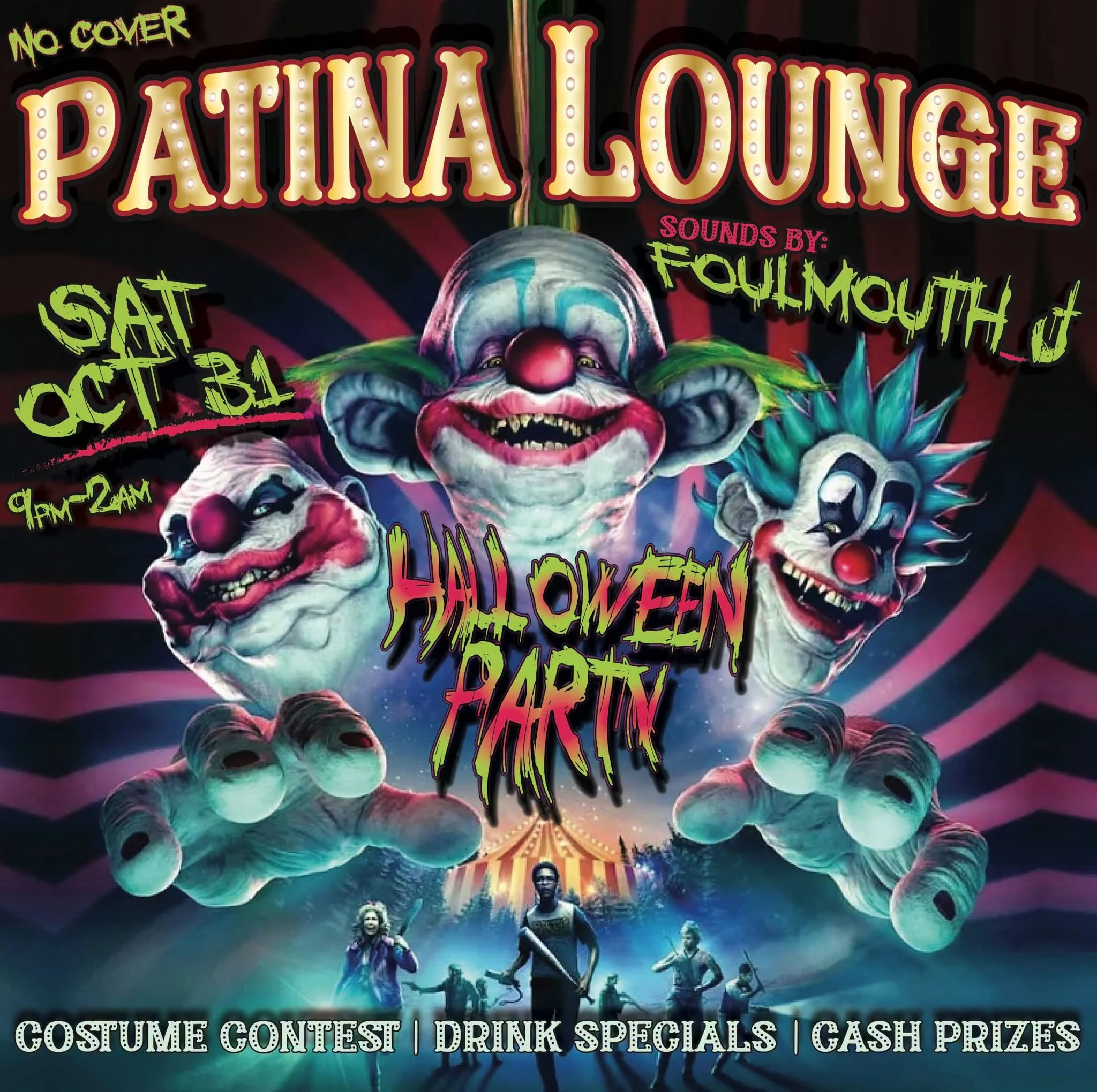 Halloween Party at Patina Lounge at Jacks Backstage on October 31, 2026, featuring Foulmouth_J, a costume contest, drink specials, cash prizes, and no cover.