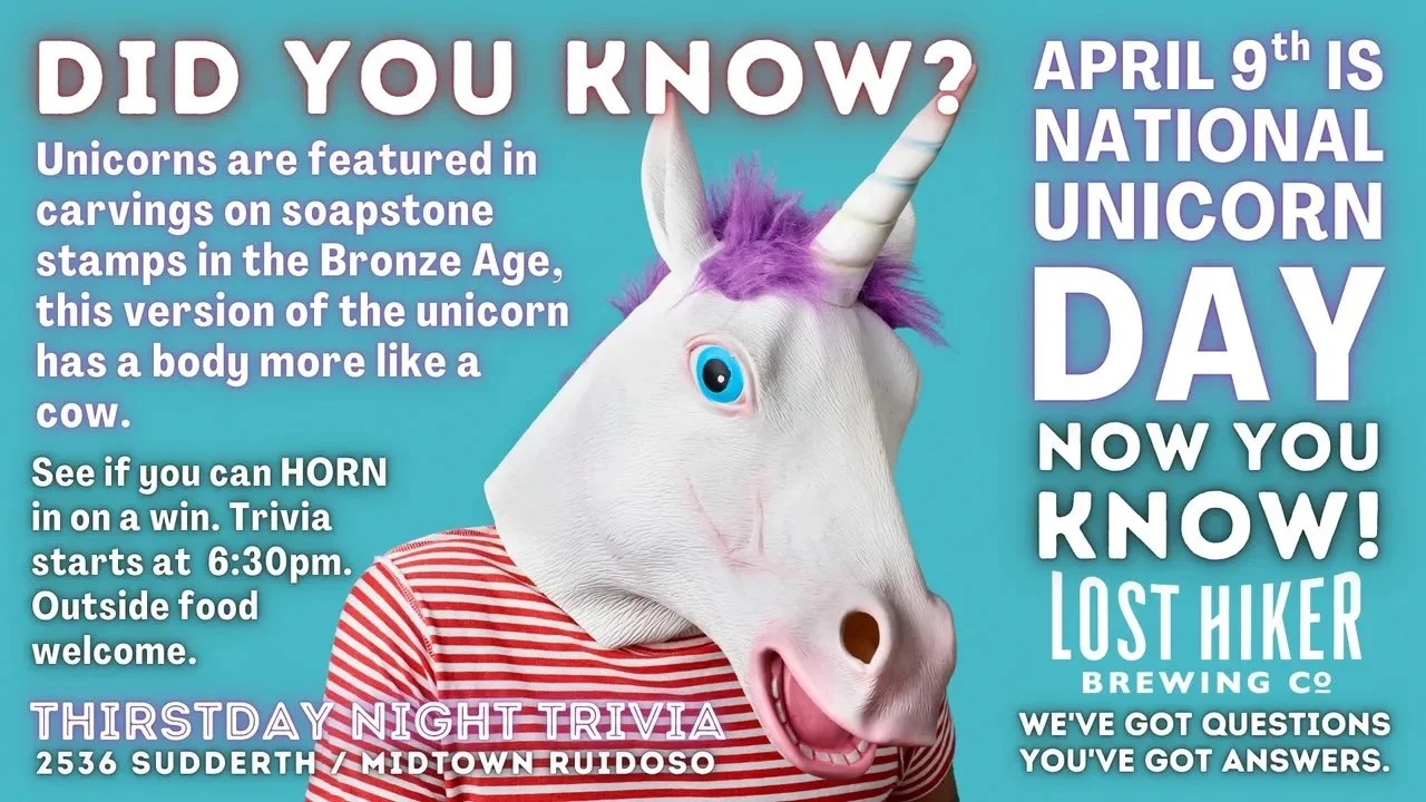 Promotional event graphic for Thirstday Trivia Night at Lost Hiker Brewing Company Midtown Taproom in Ruidoso, NM