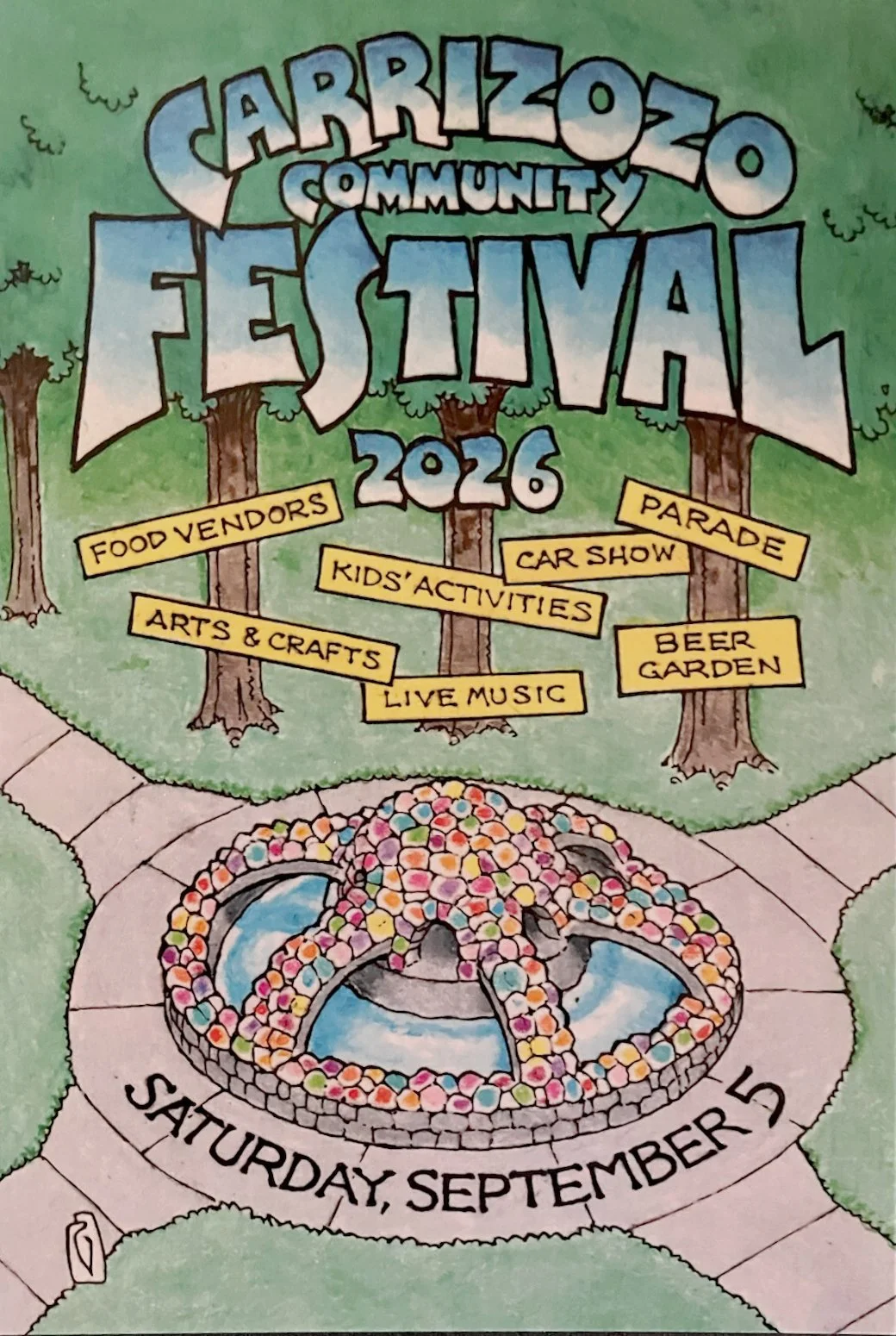 Illustrated poster for the 2026 Carrizozo Community Festival featuring McDonald Park fountain, live music, parade, food vendors, arts and crafts, kids’ activities, car show, and beer garden on Saturday, September 5, 2026.