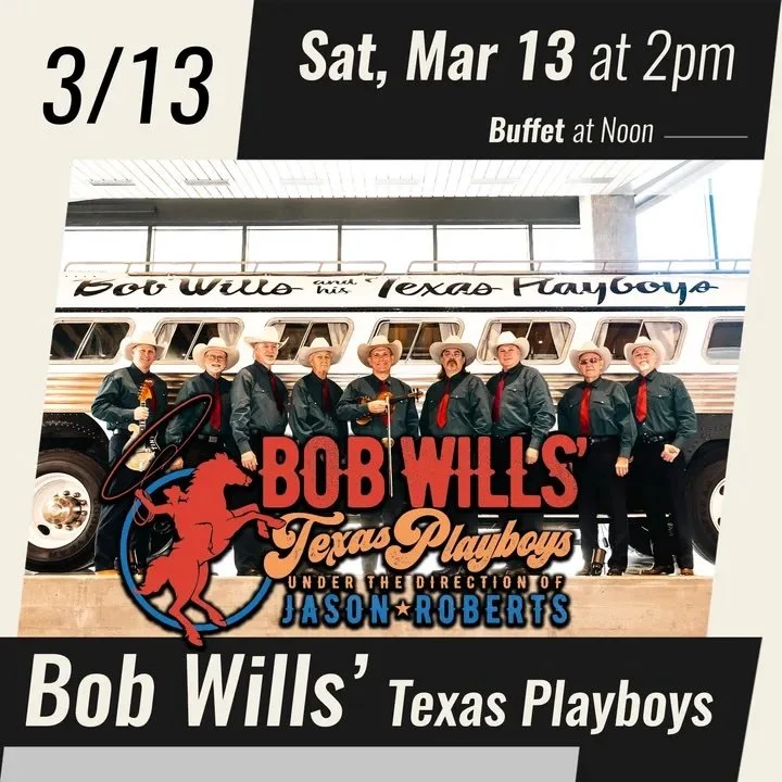 Promotional image for Bob Wills’ Texas Playboys showing the western swing band posed in front of their tour bus for the March 13 performance at Spencer Theater near Ruidoso.