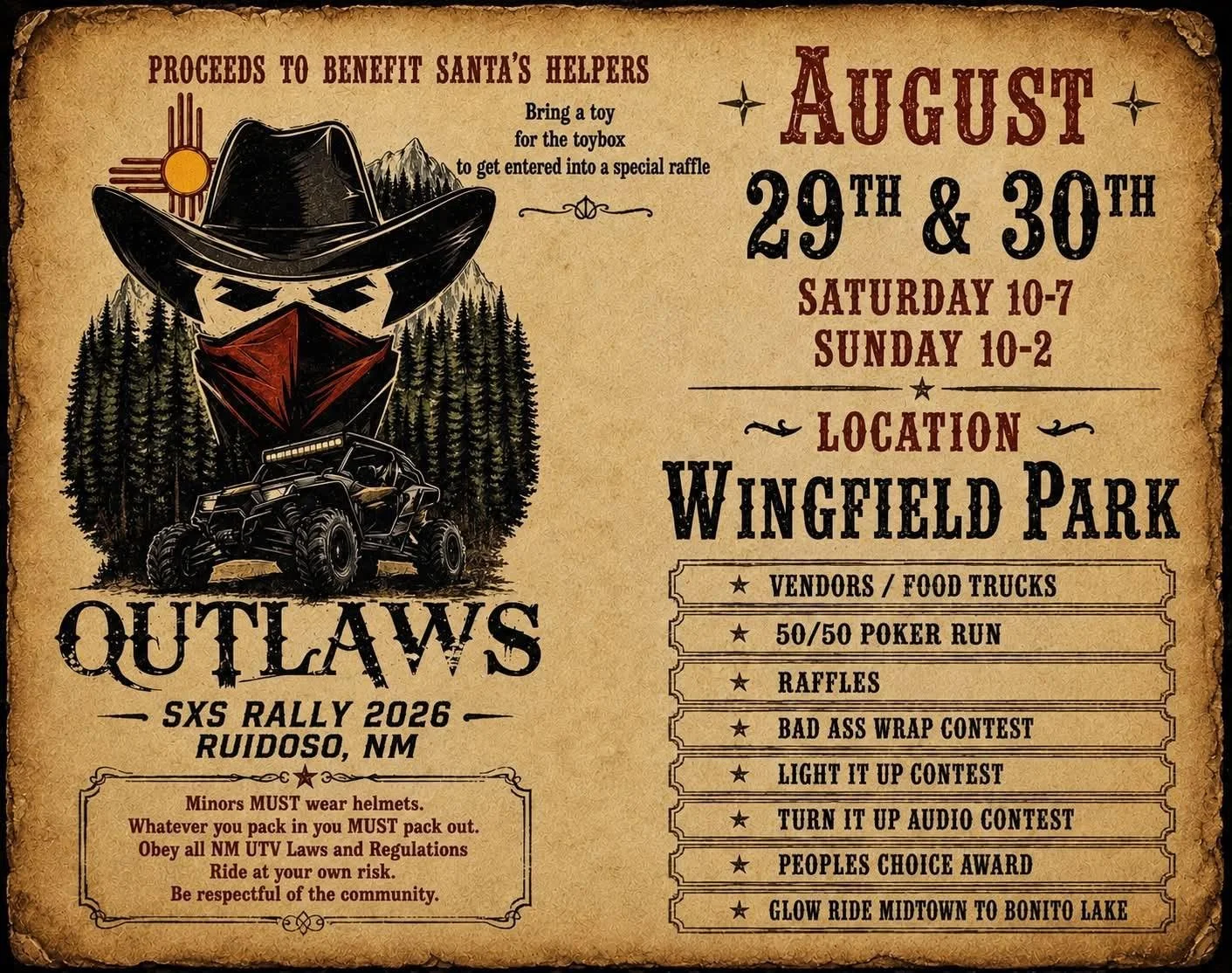Outlaws SXS Rally 2026 poster promoting the August 29–30 event at Wingfield Park in Ruidoso with contests, vendors, food trucks, and a toy drive benefiting Santa’s Helpers.