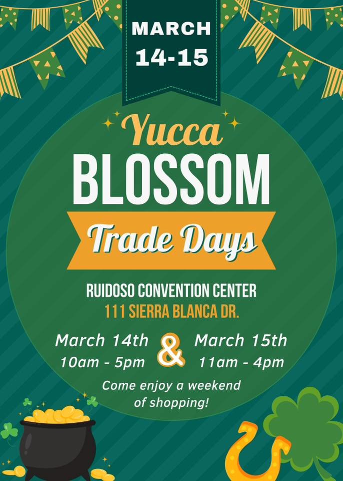 Promotional event graphic for Yucca Blossom Trade Days March 14-15, 2026, at the Ruidoso Convention Center in Ruidoso, NM