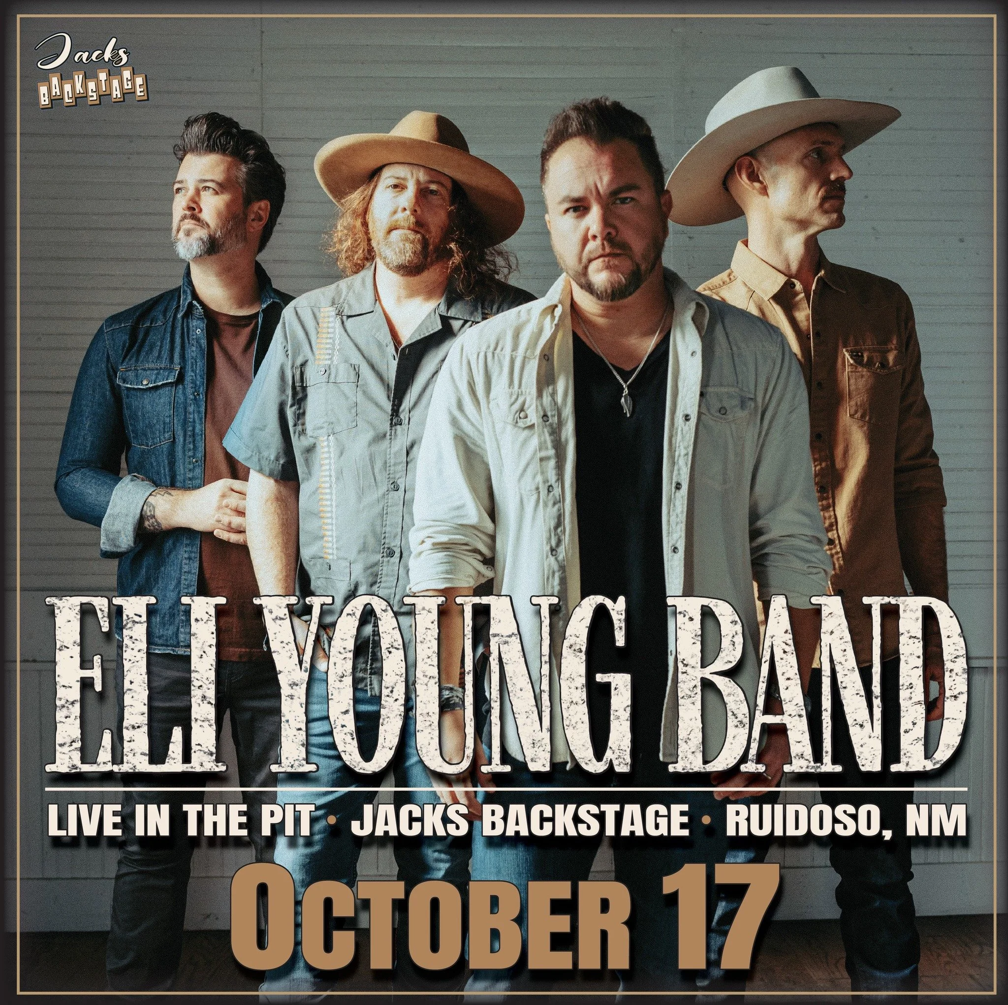 Promotional event graphic for the Eli Young Band Live at The Pit at Jacks Backstage on October 17, 2026, in Ruidoso, NM