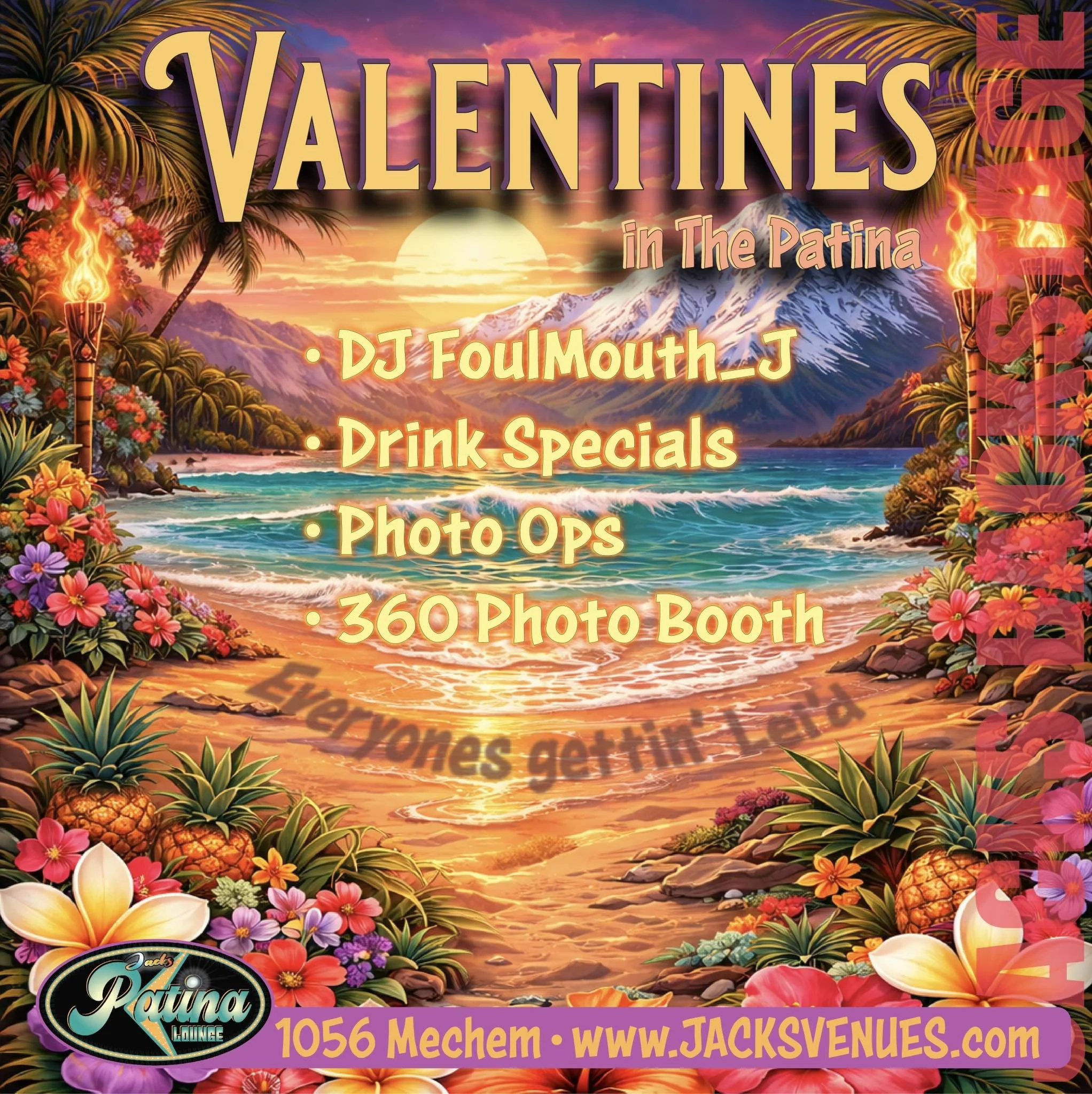 Promotional event graphic for Valentine's event at Jacks Patina Lounge in Ruidoso, NM