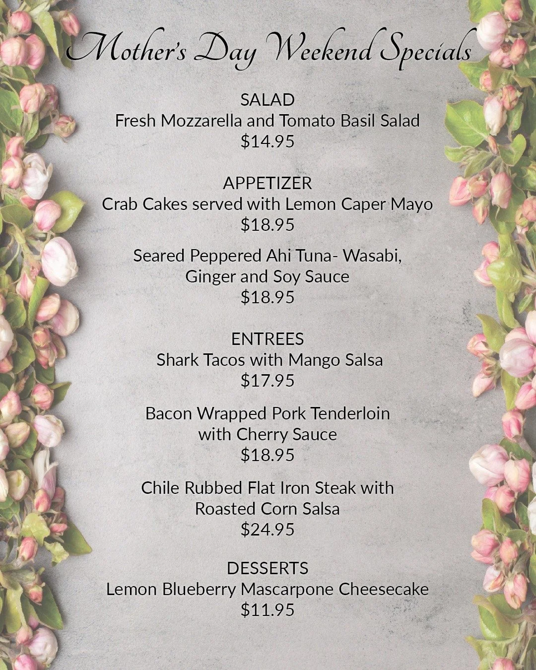 Promotional graphic for Rio Grande Grill & Tap Room’s Mother’s Day Weekend Specials featuring floral borders and a seasonal menu including crab cakes, ahi tuna, steak, pork tenderloin, tacos, salad, and cheesecake.