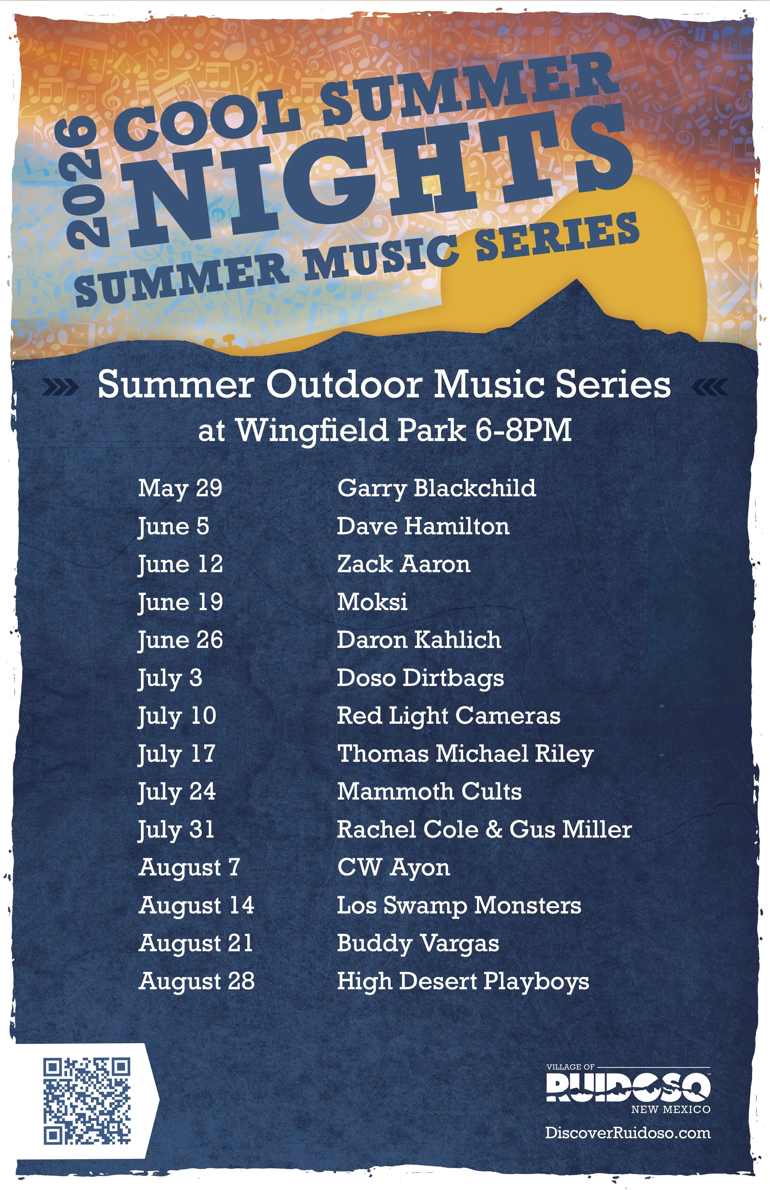Promotional graphic 2026 Cool Summer Nights concert schedule poster featuring FREE summer concerts at Wingfield Park in Ruidoso with weekly Friday night performances from May through August.