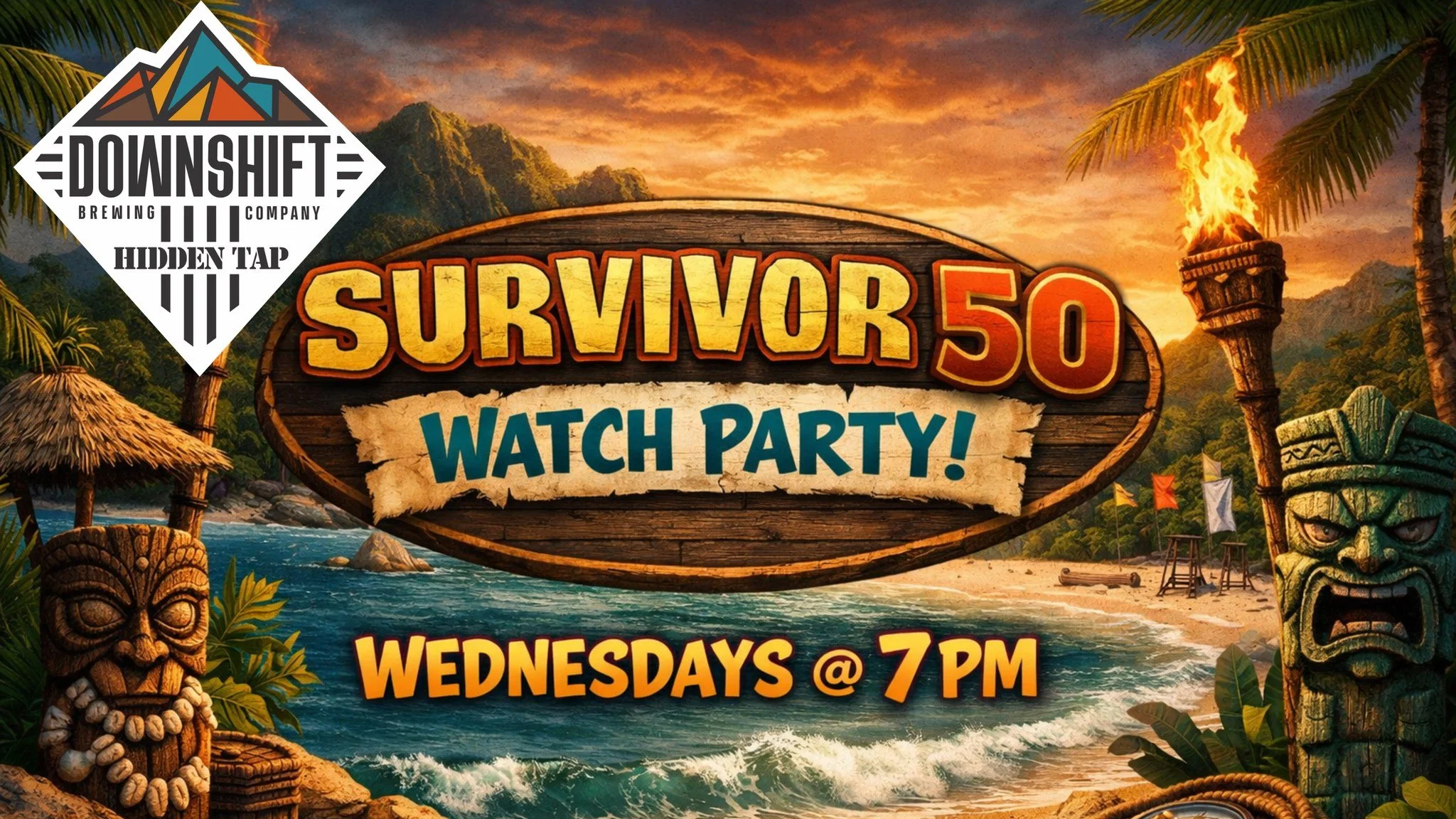 Promotional event graphic for Survivor 50 Watch Party Wednesdays at 7 PM at Downshift Brewing Company Hidden Tap in Ruidoso, NM
