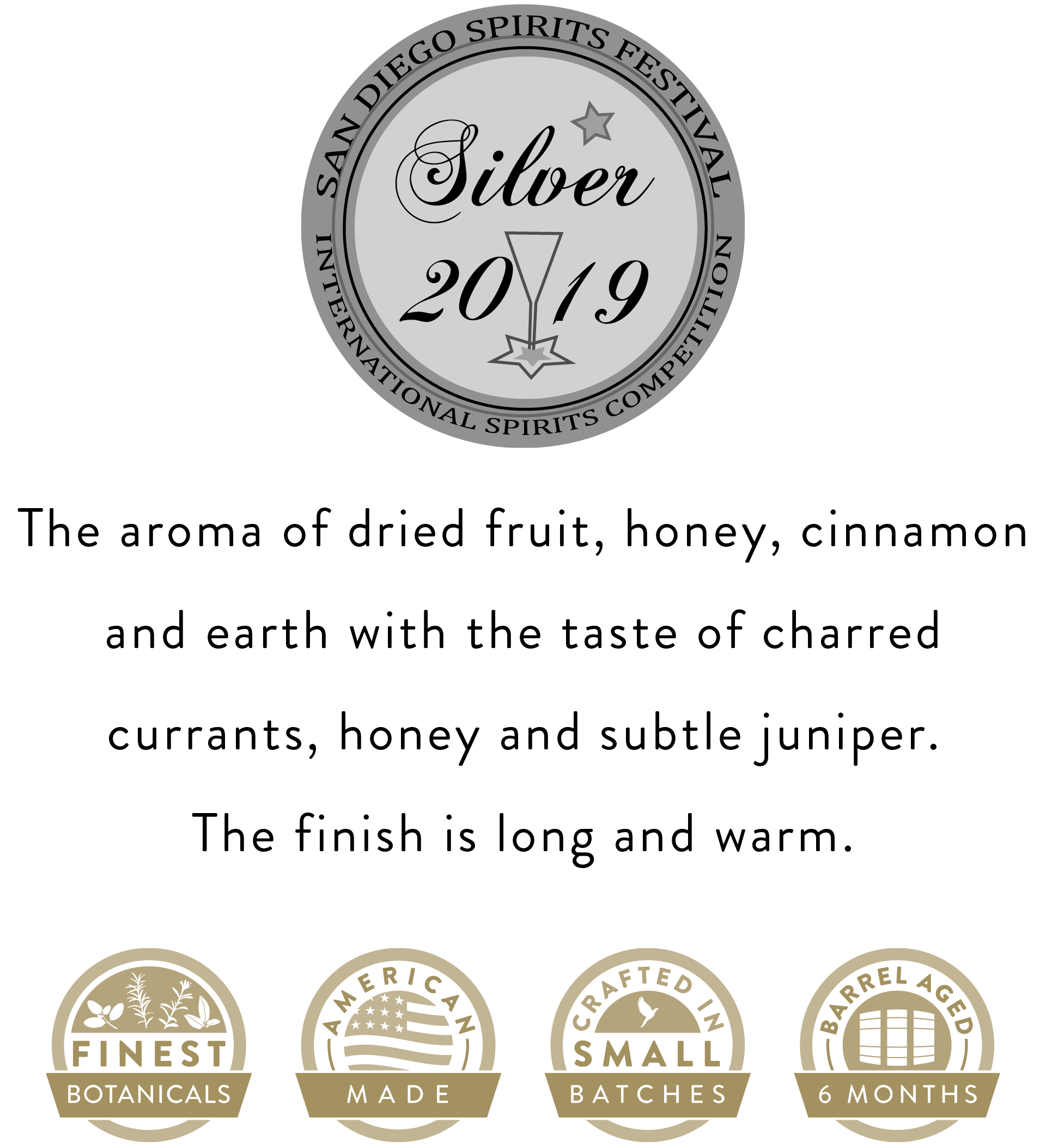 American made, Crafted in small batches and 2019 Silver Award from the San Diego Spirits Festival International Spirts Competition