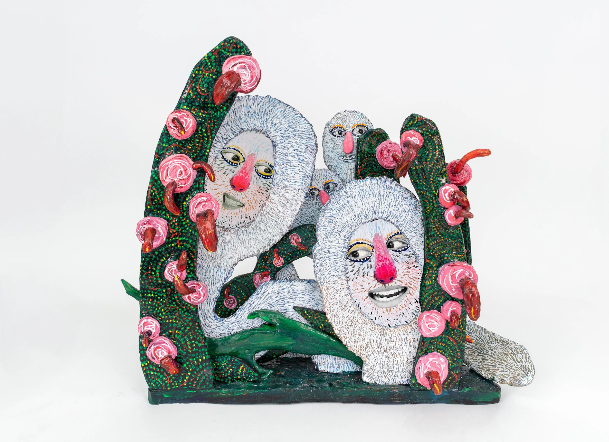 Sculpture 02 from In the Woods, clay, acrylic paint, pen and wood, HD video screen, looped video with sound, 20 x 20 x9 inches ( 50 x 50 x 23cm)