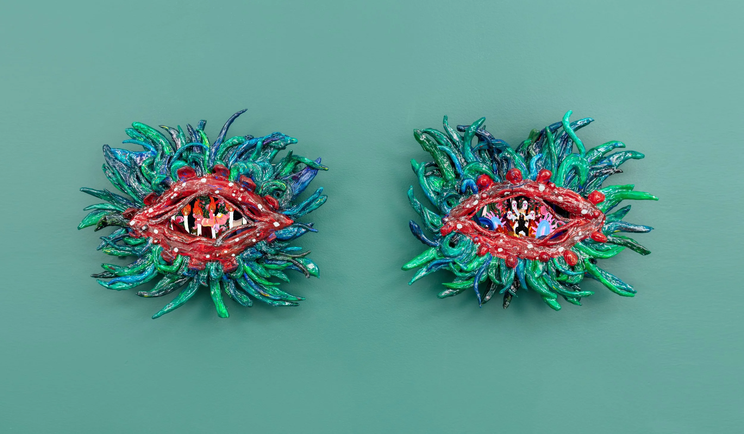 
Sculpture 9 from In the Woods, clay, acrylic paint, pen and wood, HD video screen, looped video with sound, 13 x 15 x 5 inches each (33 x 38 x 12cm each)
