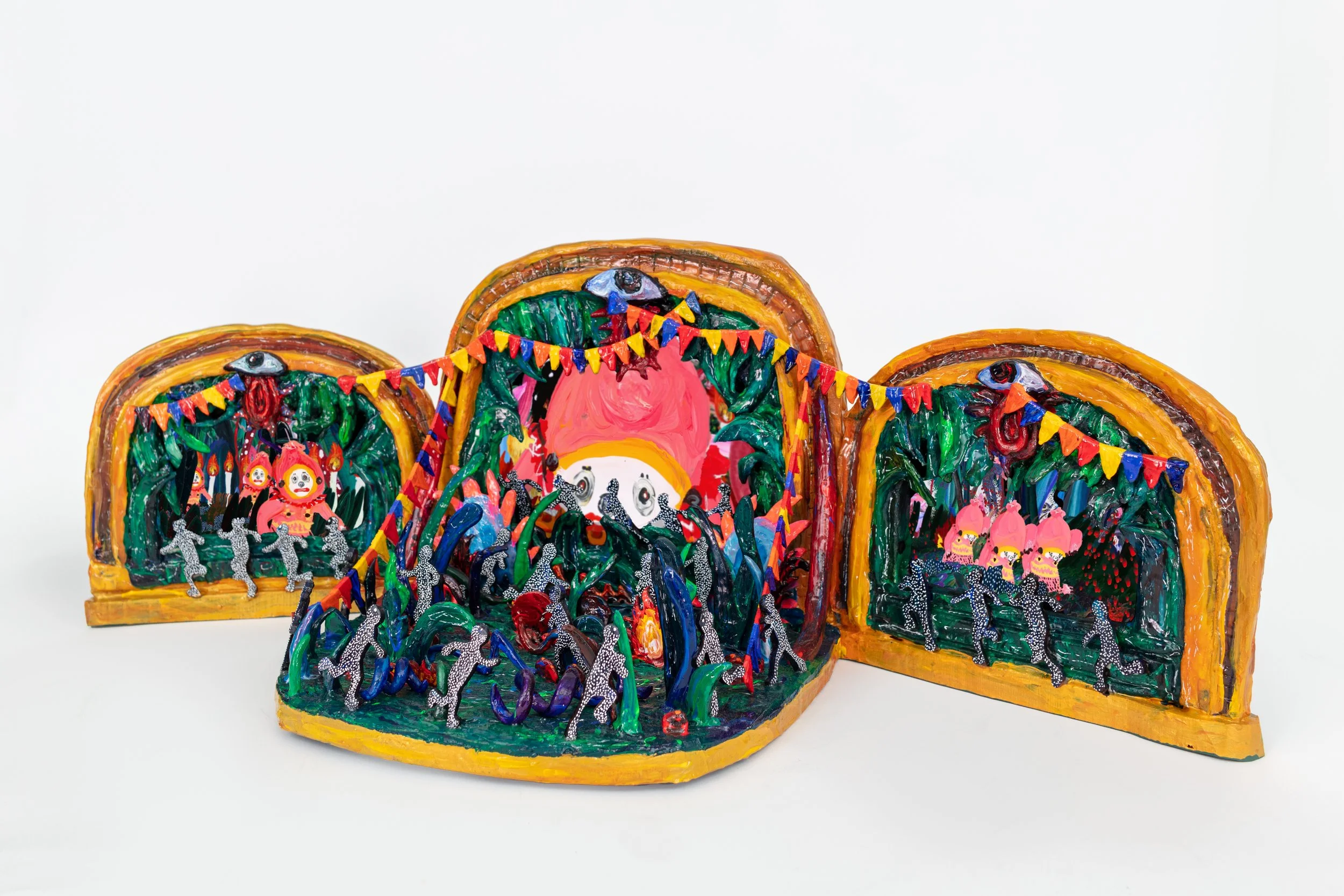 Sculpture 10 from In the Woods, clay, acrylic paint, pen and wood, HD video screen, looped video with sound, 29 x 11 x 11 inches (73 x 28 x 28 cm)
