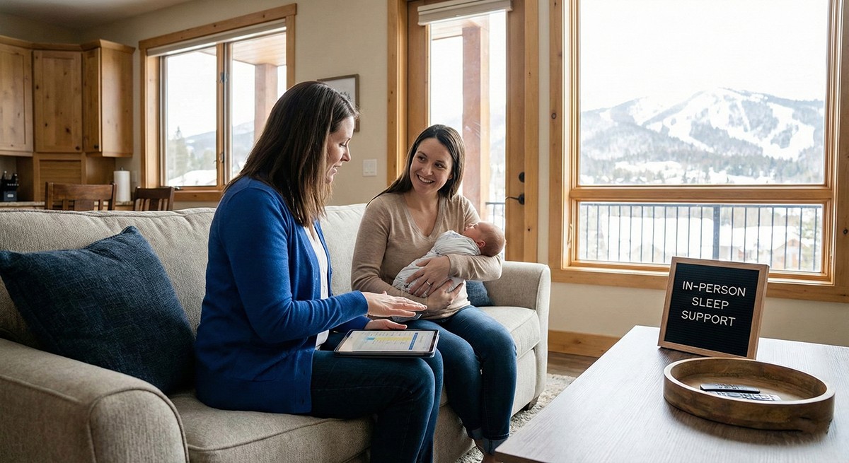 Two women sitting on a beige sofa, one holding a baby, in a room with large windows showing snowy mountains outside. A sign on the table reads 'In-Person Sleep Support'.