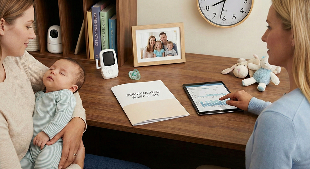 A woman holding a sleeping baby sitting at a desk with a personalized sleep plan, a tablet showing sleep data, and family photos.
