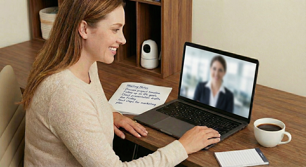 Woman with red hair smiling during a video call on her laptop, seated at a wooden desk with a cup of coffee, a notepad, and a paper with meeting notes.