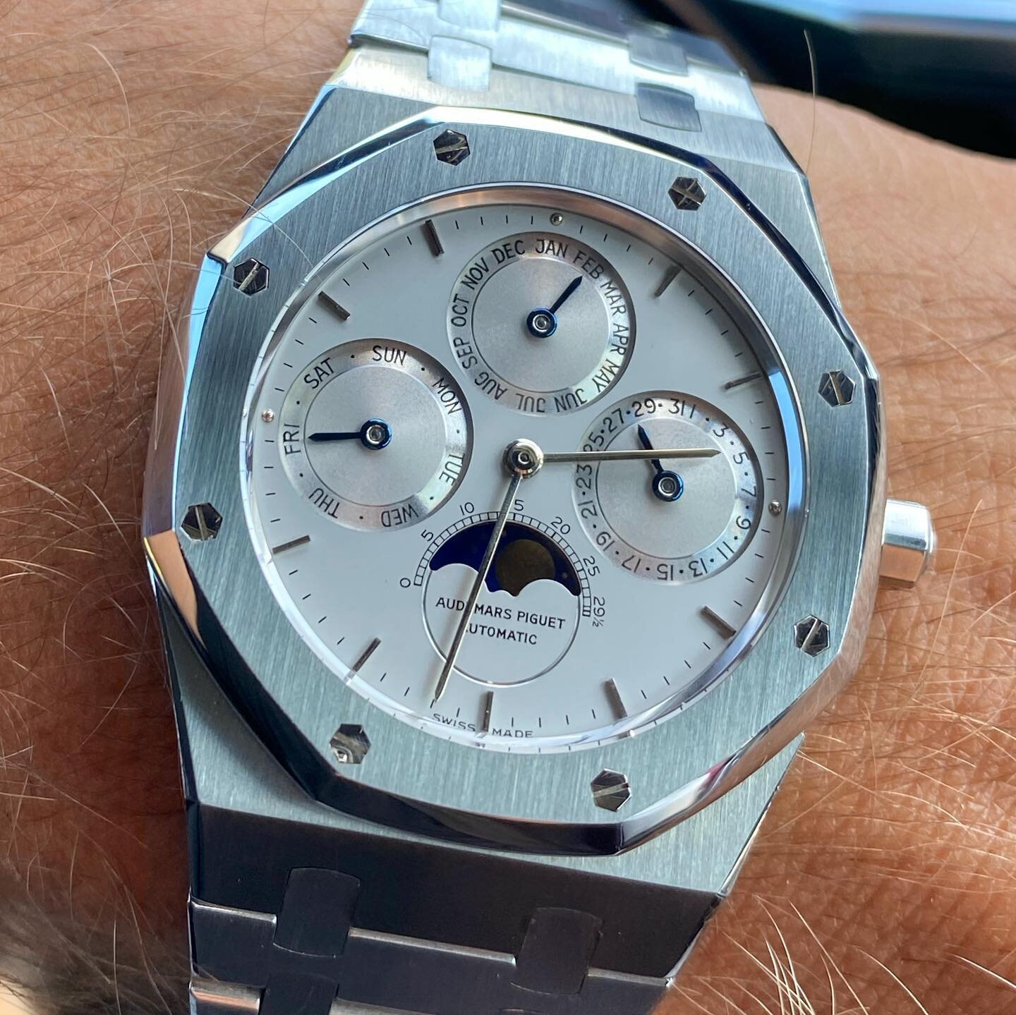 AP #25554 perpetual calendar as found directly from the family of the original owner in stainless steel circa 1987 with c28xxx serial and sub 200 case number 🌓 #sold #audemarspiguet #audemars #vintageaudemars #25554st #5554 #25654 #quantiemeperpetue