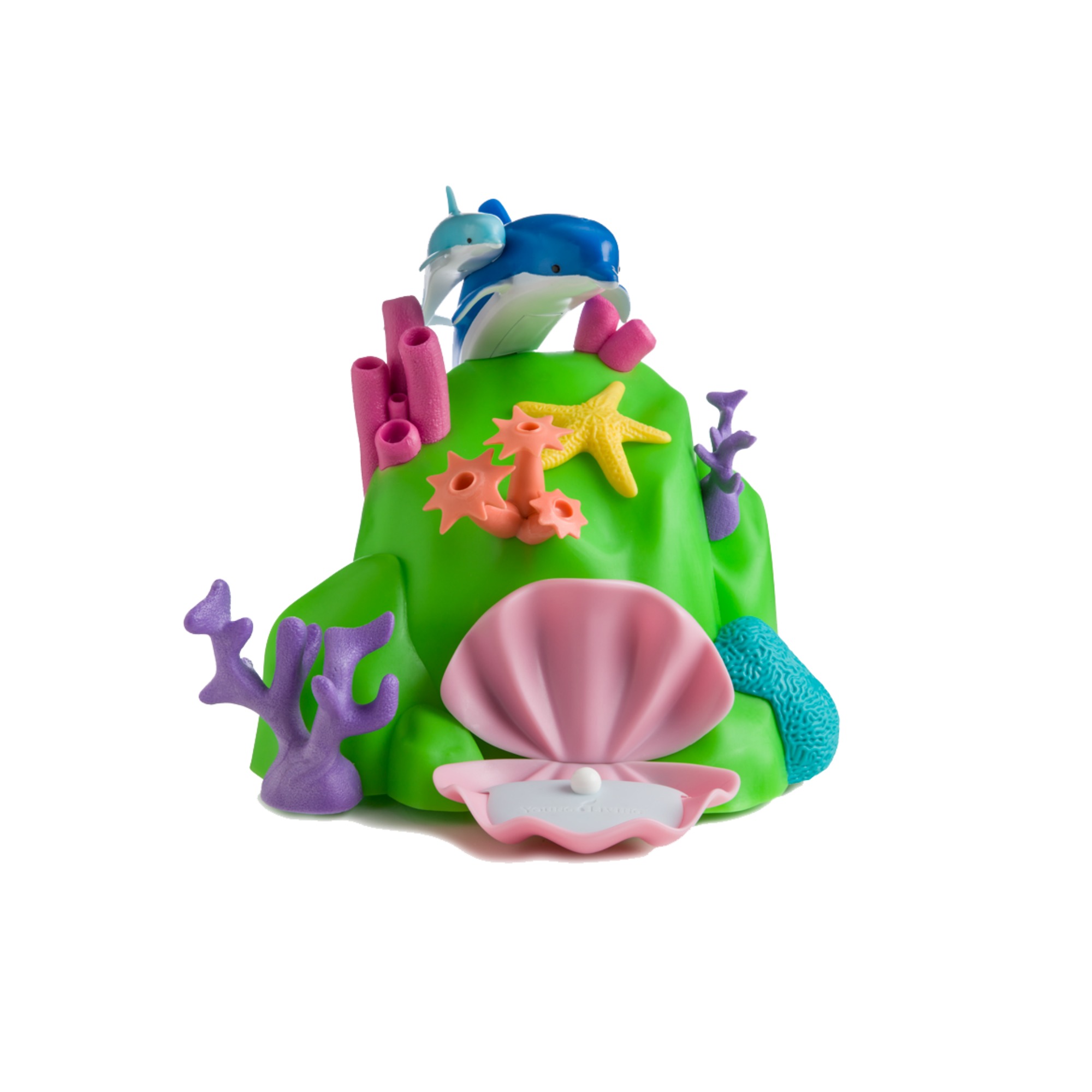 DOLPHIN REEF DIFFUSER This diffuser has a design that will captivate your children’s imaginations and transport them into an undersea wonderland. It acts as an atomizer, aroma diffuser, and night-light. It also has a proprietary, interchangeable diffuser cover system compatible with additional diffuser covers (Sundance or Dino Land). It has continuous or intermittent ultrasonic diffusion, as well as four white under-panel soft LED lights and six colored LED light settings. The giant clam can be used to store jewelry and other small treasures. Click here to learn more about this product.