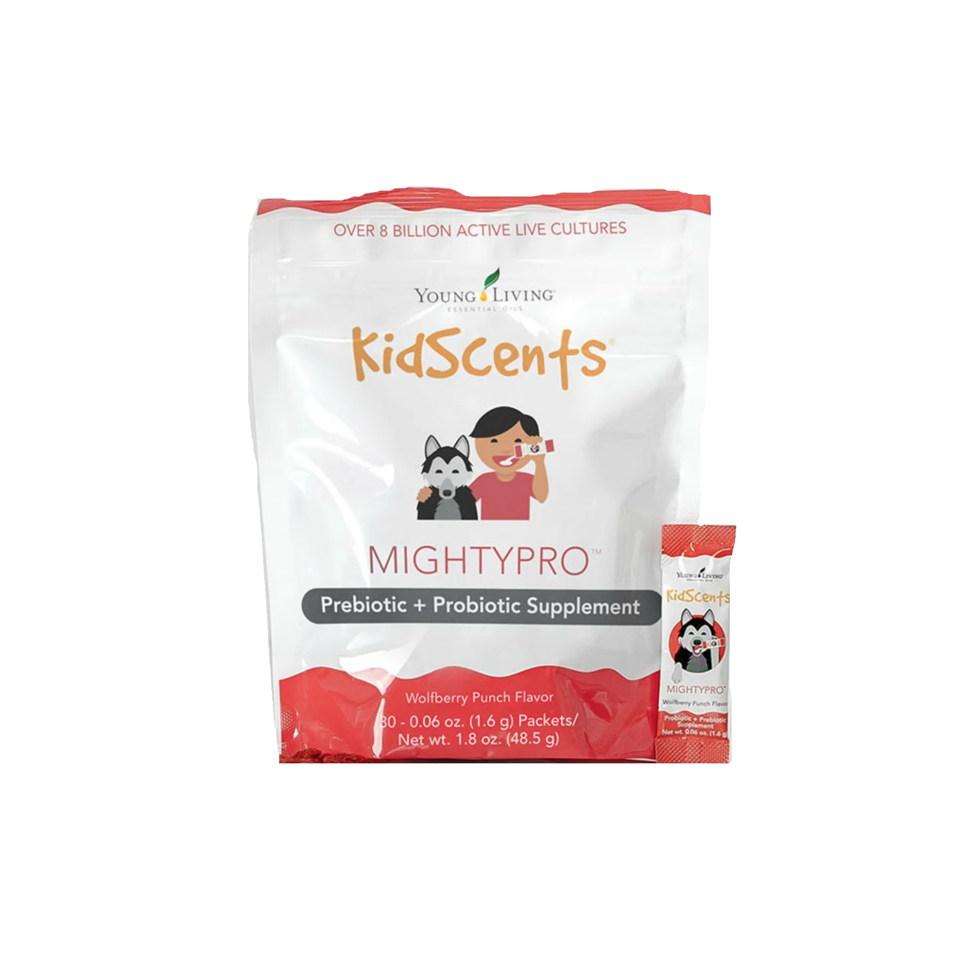 KIDSCENTS MIGHTYPRO Kidscents MightyPro is a blend of prebiotics and probiotics in a supplement specially formulated for children (but great for adults too). Packaged in easy, one-dose packets that can be taken almost anywhere you go, this supplement features over 8 billion active, live cultures to support digestive and immune health. The packets can be added to cold food and drinks for easy consumption, or can be consumed straight from the packet. Contains Ningxia wolfberry fiber, which is a naturally occurring prebiotic. Click here to learn more about this product.