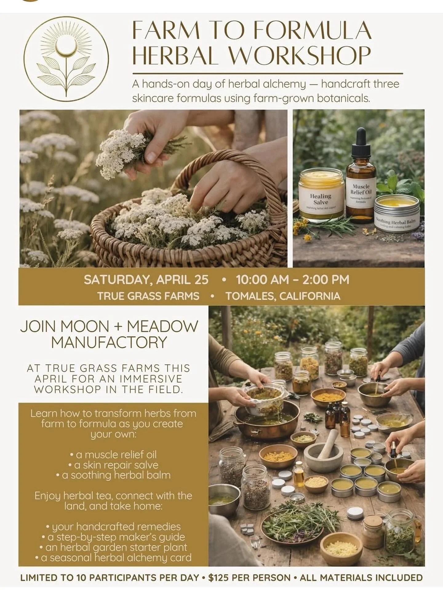 Come join @moonandmeadowco this April for an immersive, hands-on workshop in the field.
Learn how to transform herbs from farm to formula as we gather around the table to create your own small apothecary. This is the first class in their seasonal her