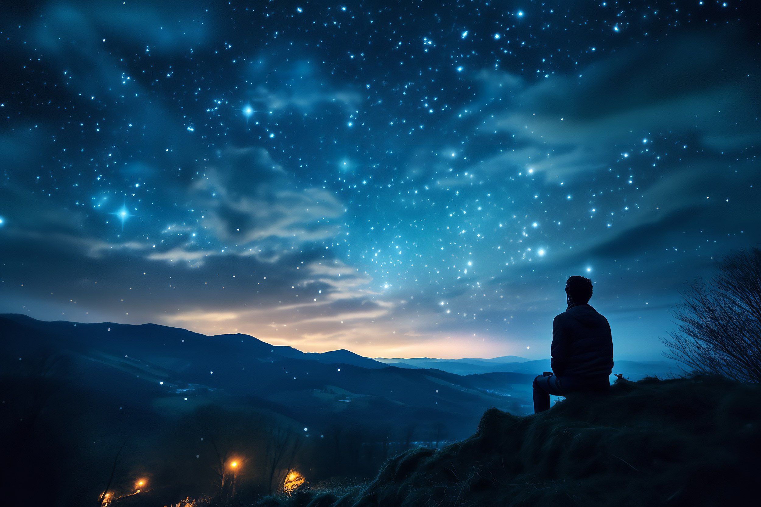 A person contemplating a night sky and landscape