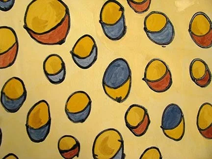 Earth Pigments painted onto silk Crepe de chine fabric onto which black gutta resist was first applied and then allowed to dry.