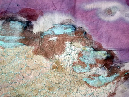 Wisdom Keepers 1 Detail 1. Earth Pigments, Cochineal, Cutch, Rust, and Copper Patina applied to cotton cloth that was then machine stitched for further visual interest.